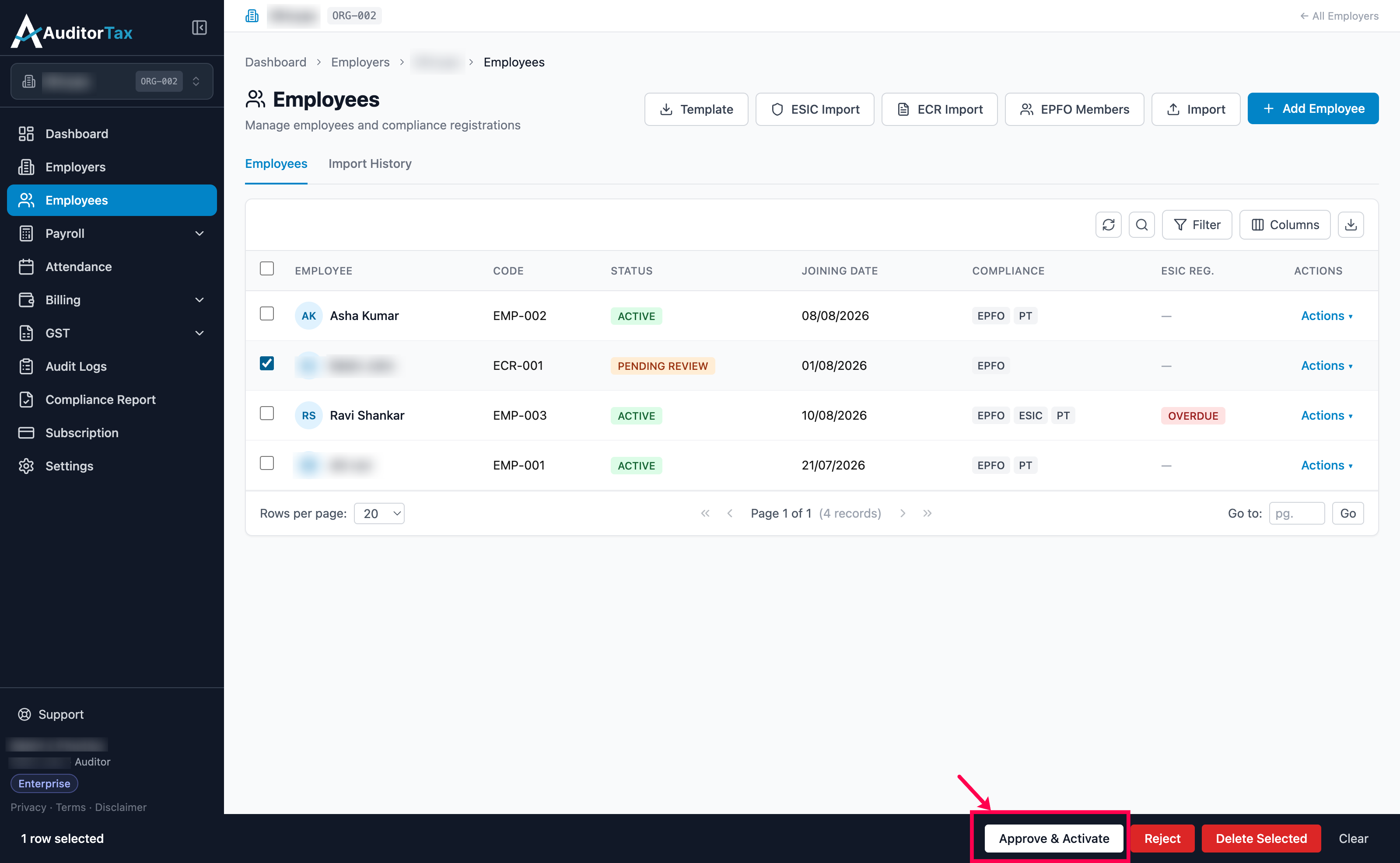 Employees list with a Pending Review employee's checkbox ticked, showing a bottom toolbar with Approve and Activate, Reject, Delete Selected, and Clear buttons