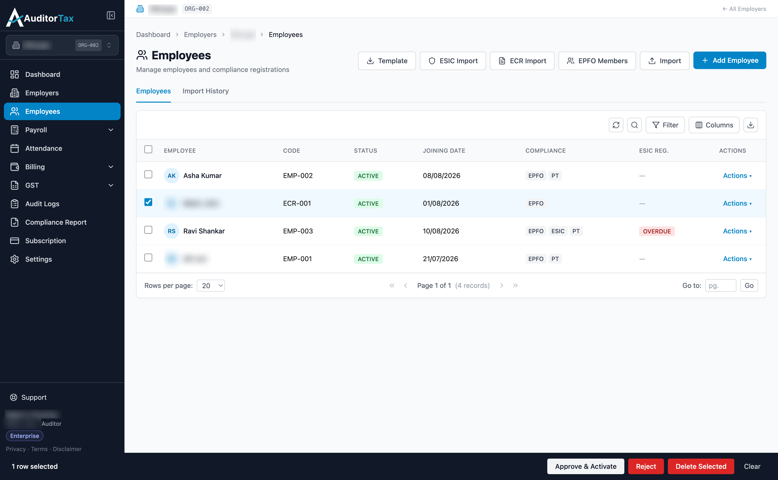 Employees list showing the same employee's status changed from Pending Review to Active immediately after clicking Approve and Activate