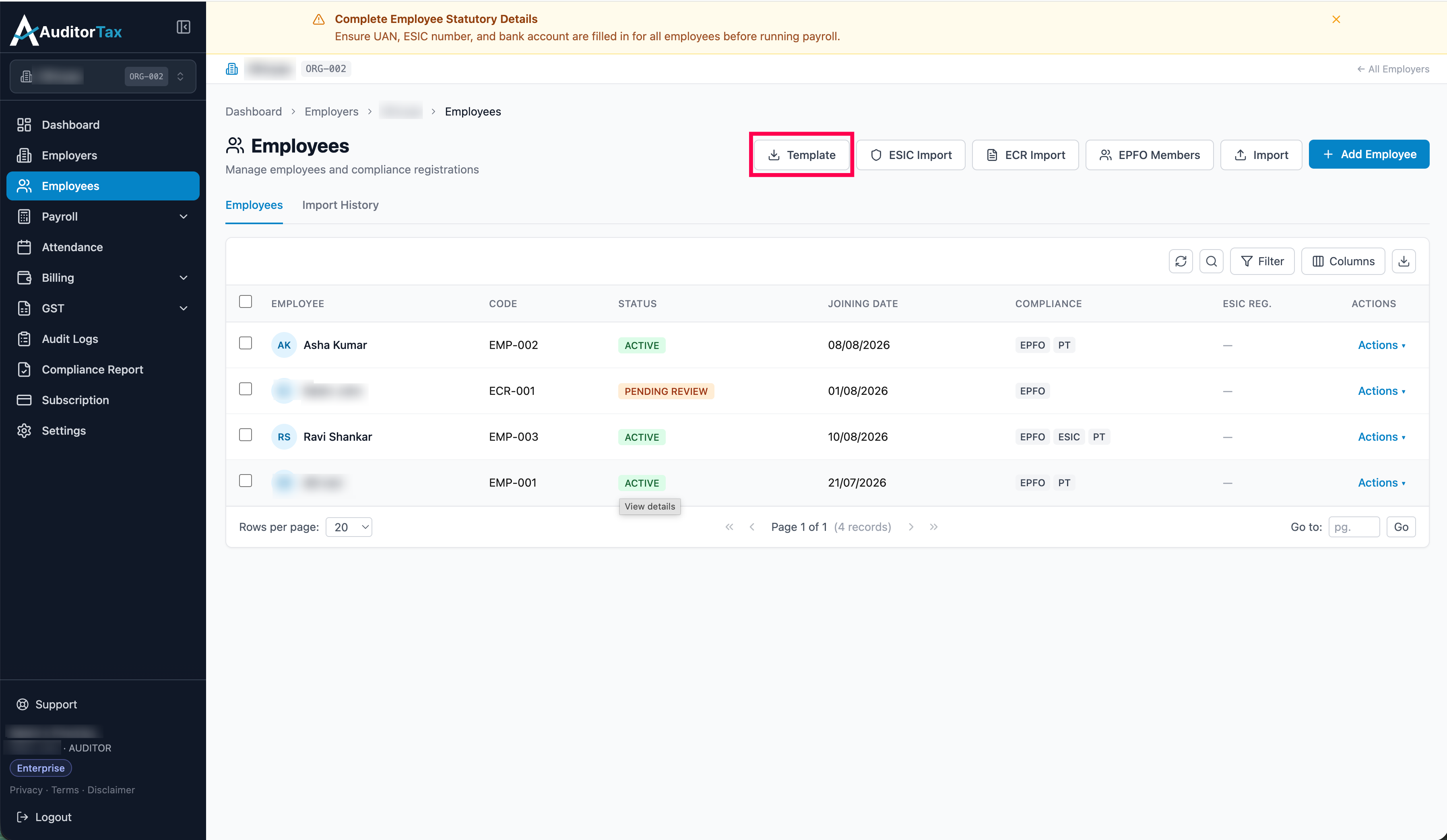 Import Employees page listing the template button