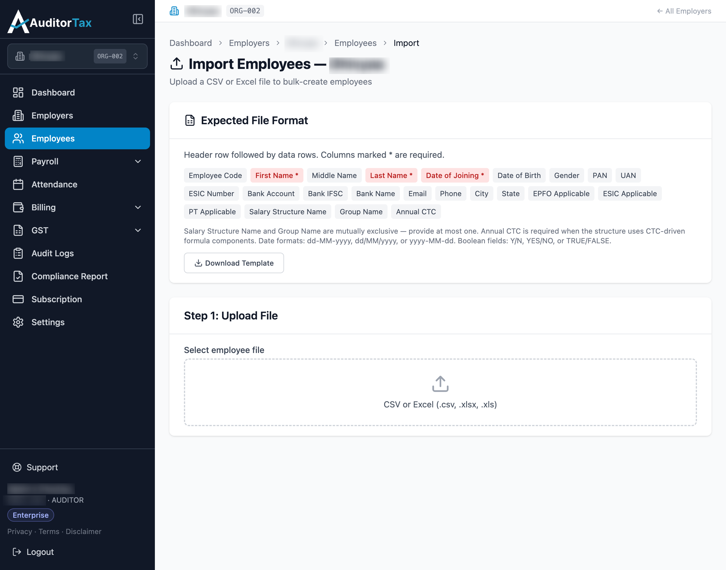 Import Employees page listing the expected CSV/Excel columns and a file upload step