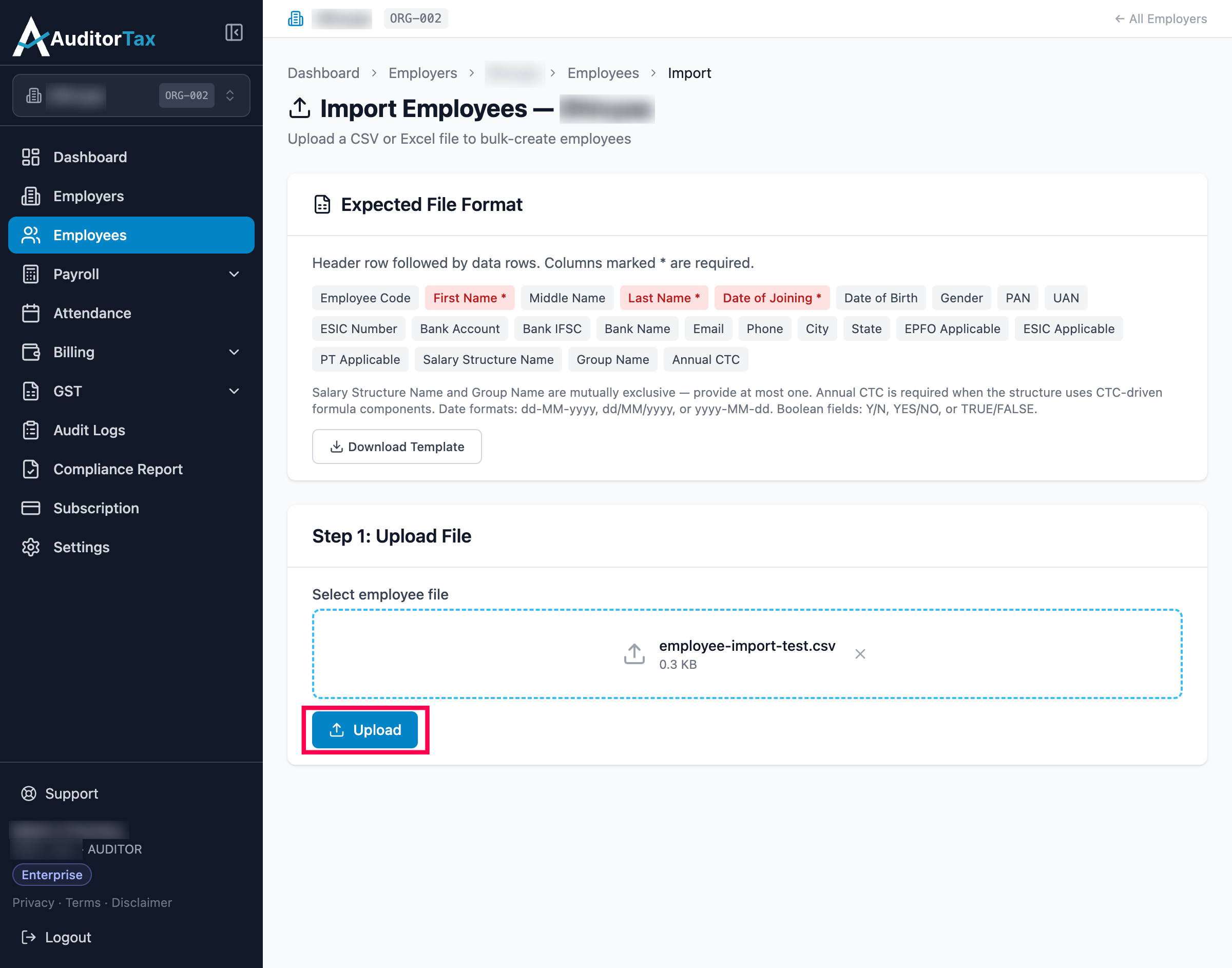 Import Employees page with a CSV file selected, showing its file name, size, and an Upload button
