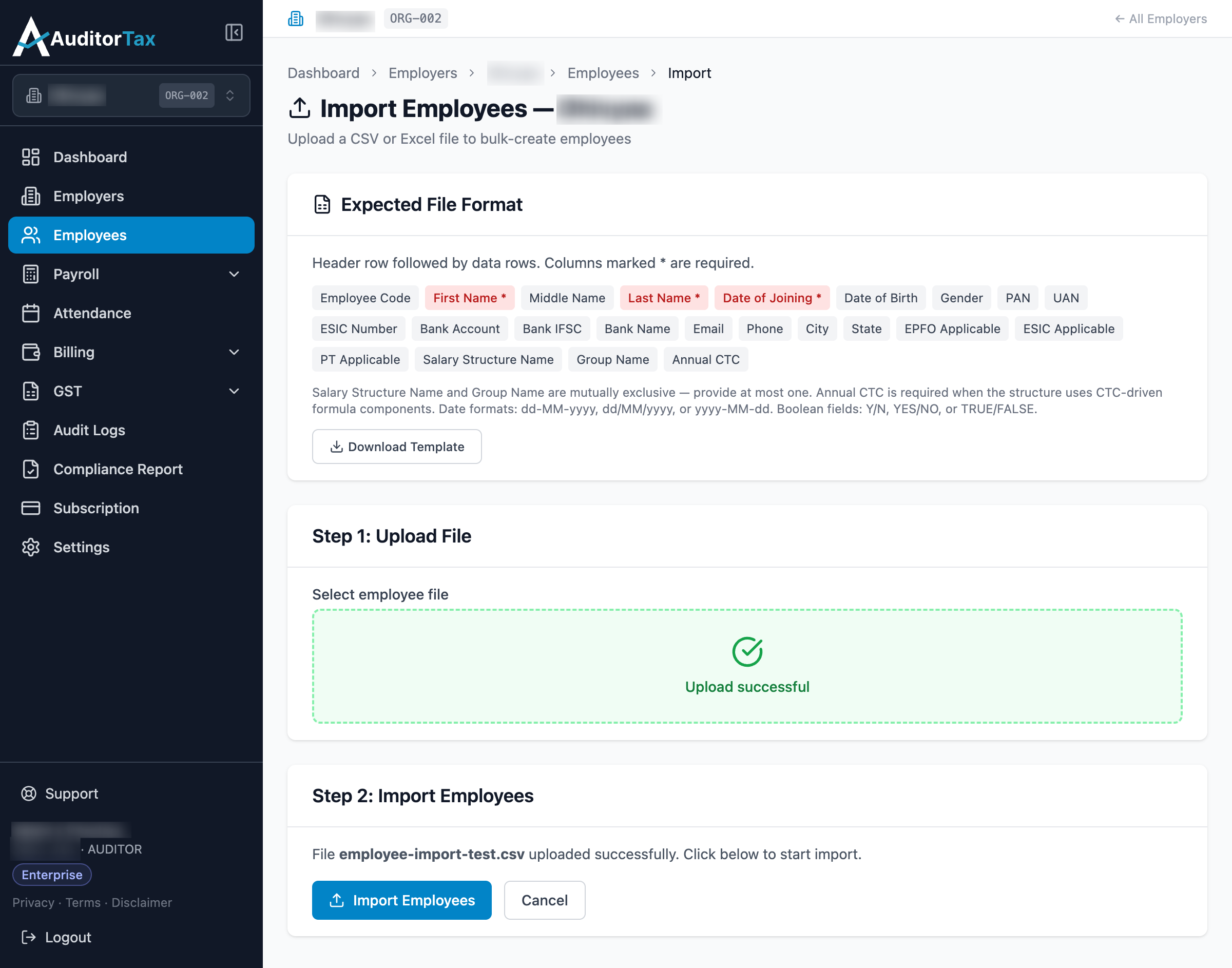 Import page showing Upload successful, and a Step 2: Import Employees button