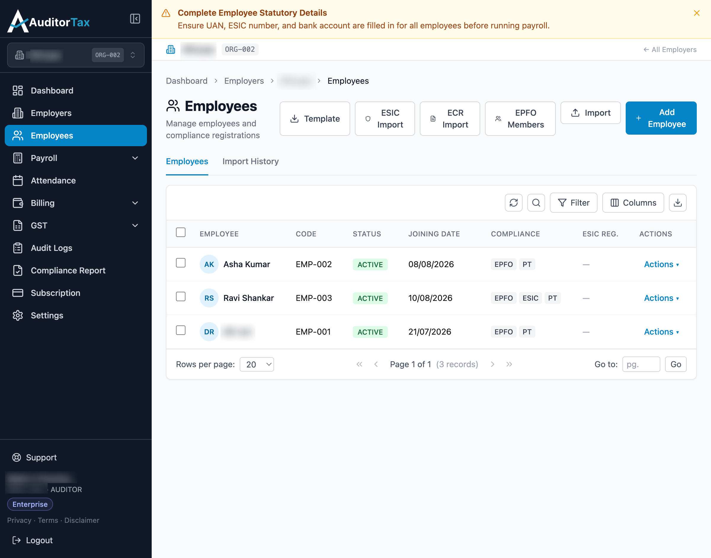 Import Complete message showing 1 employee imported successfully, before redirecting
