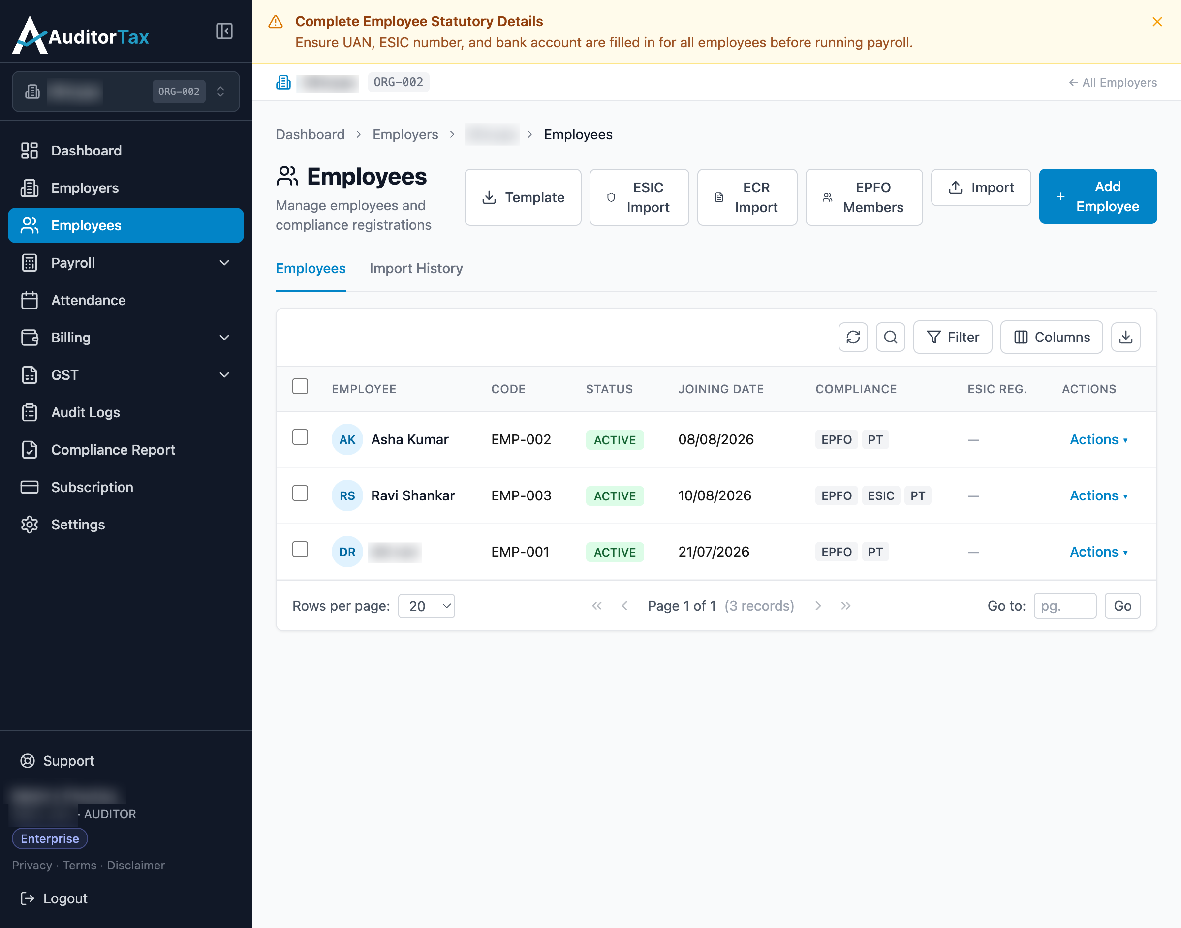 Employees list showing the newly imported employee with an auto-generated code and Active status
