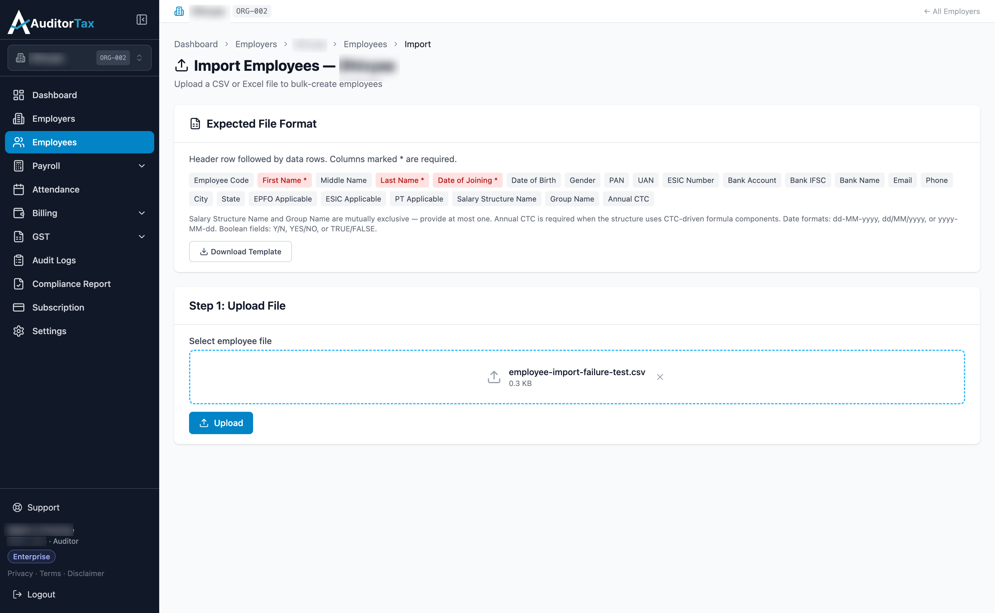 Import Employees page with a CSV file selected that has every required column filled but Date of Birth left blank