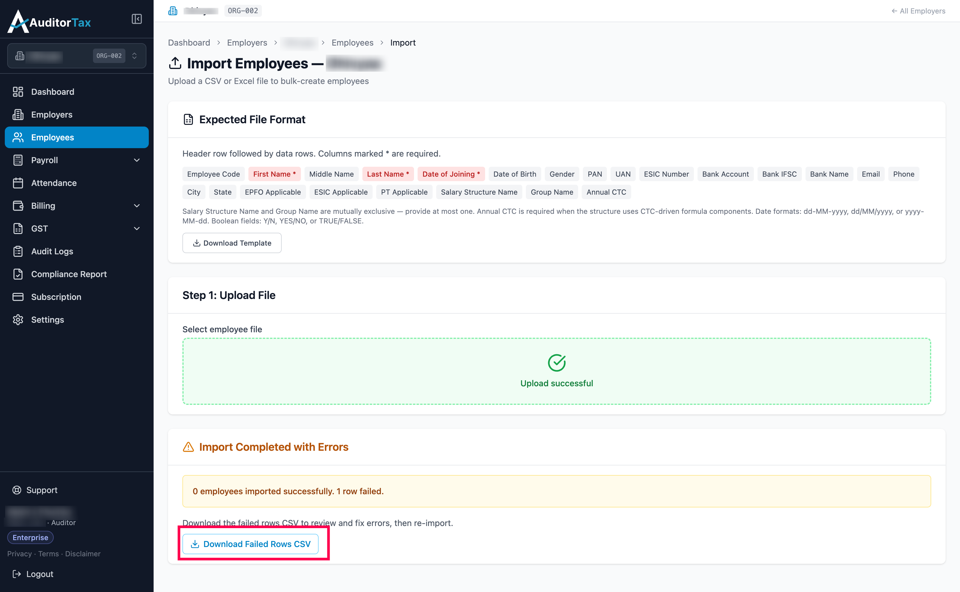 Import Completed with Errors message: 0 employees imported, 1 row failed, with a Download Failed Rows CSV link