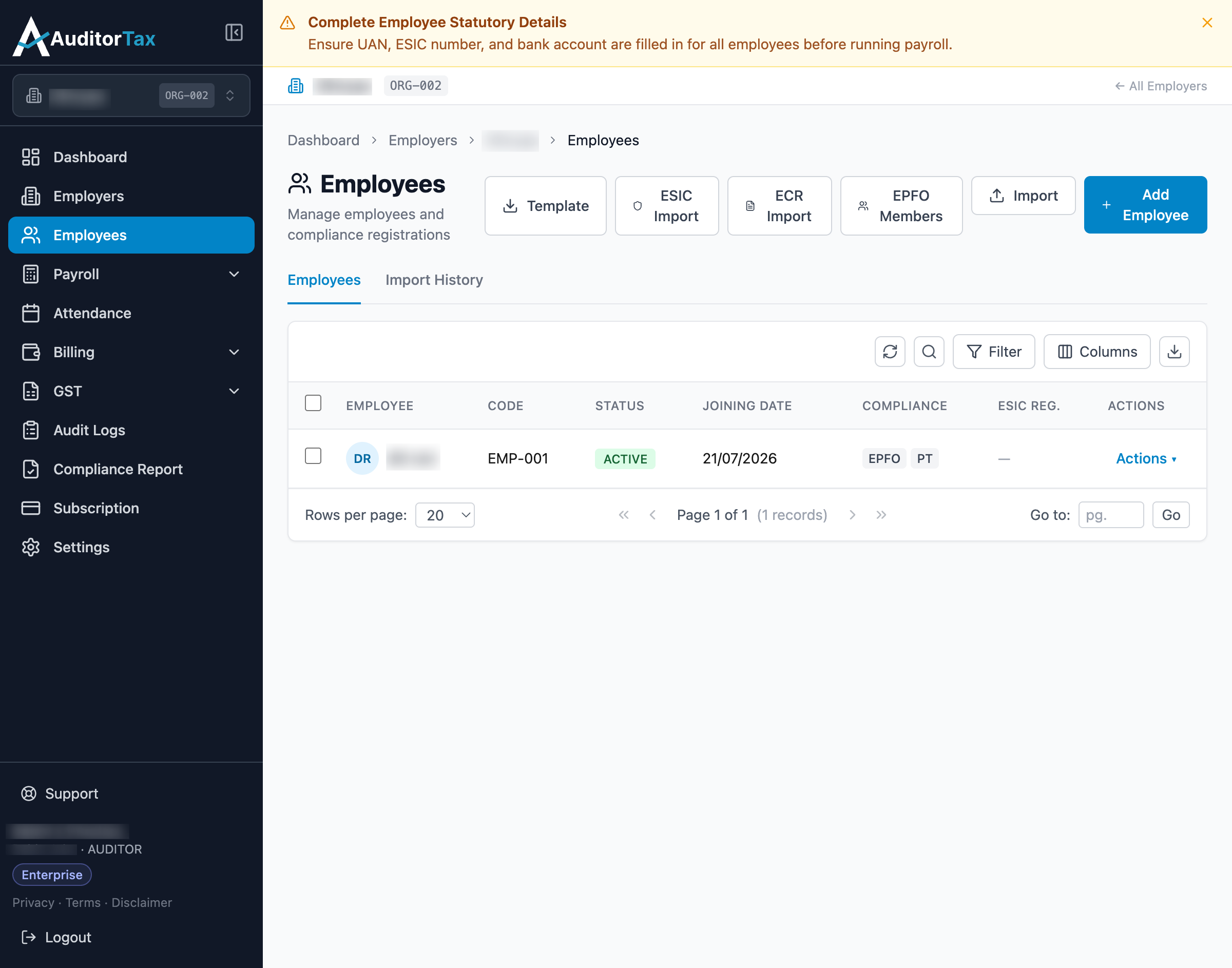 Employees list page showing an existing employee and the Add Employee button