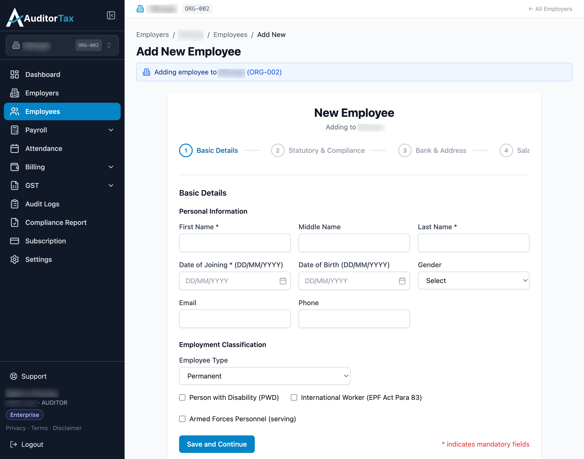 Add Employee form, step 1: Basic Details, blank