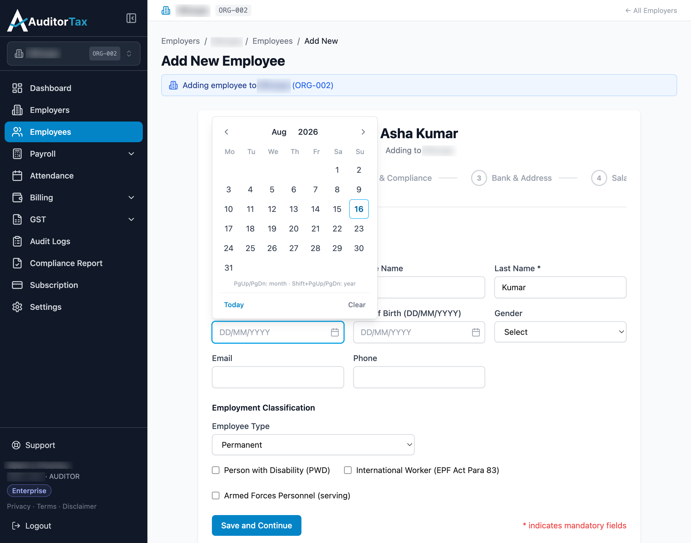 Add Employee form with the Date of Joining calendar picker open
