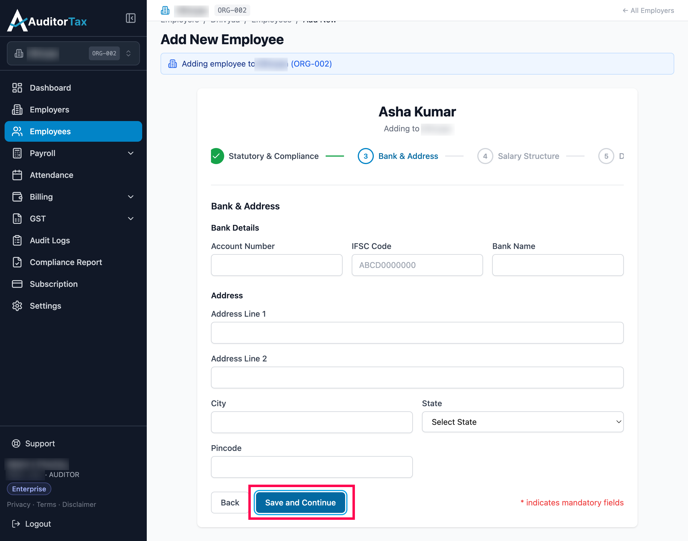 Add Employee form, step 3: save and continue