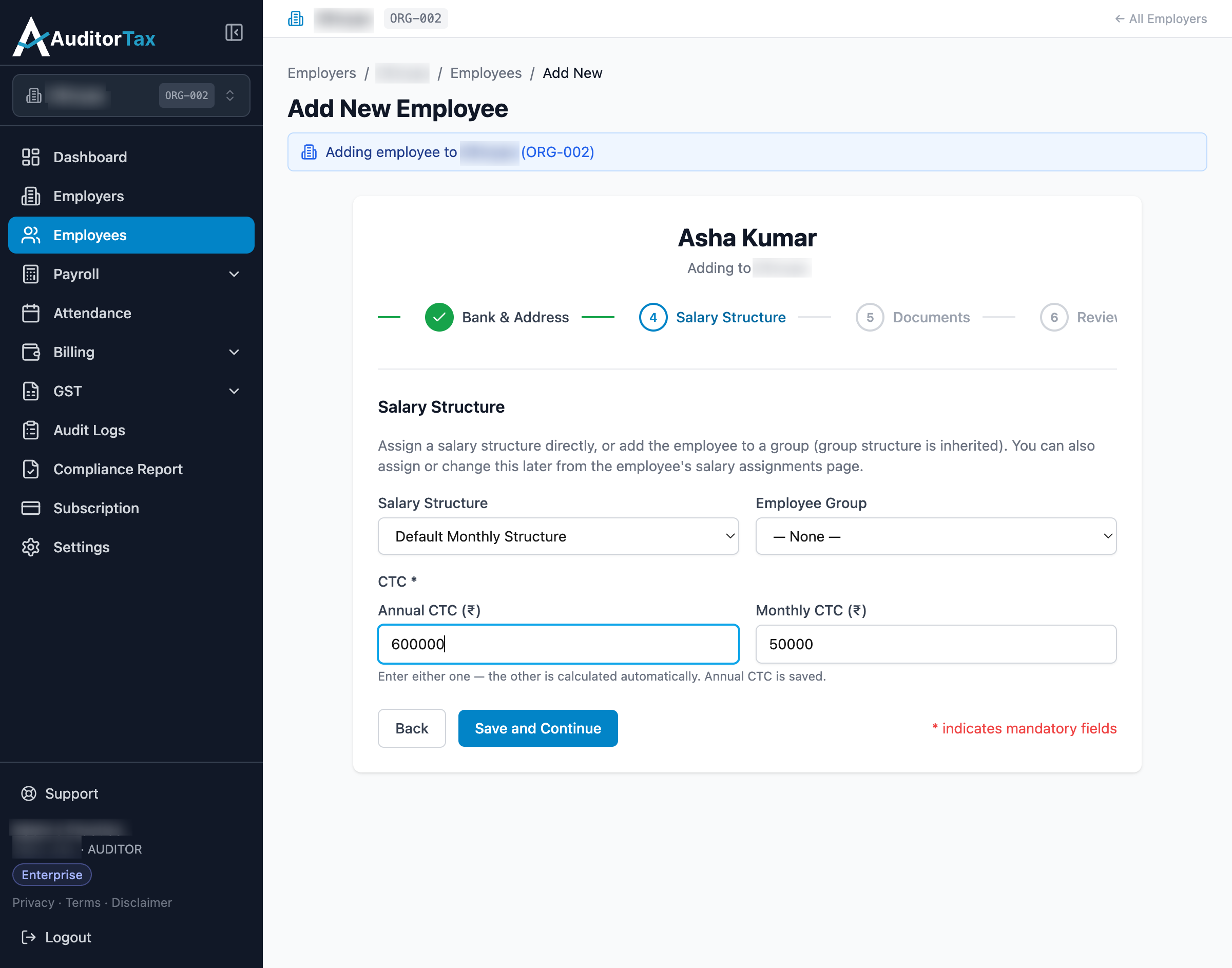 Add Employee form, step 4: Salary Structure, with Annual CTC filled in