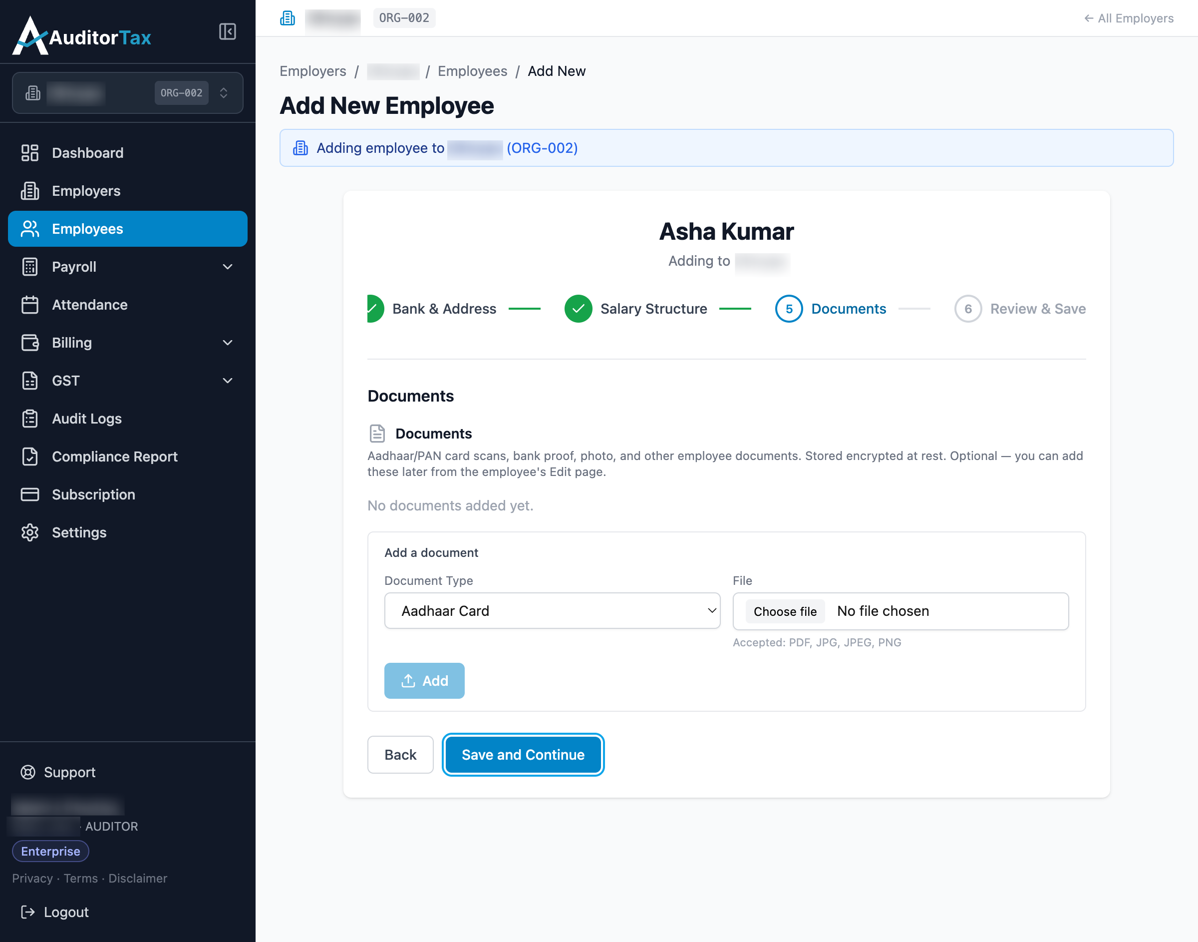 Add Employee form, step 5: Documents, with no documents added