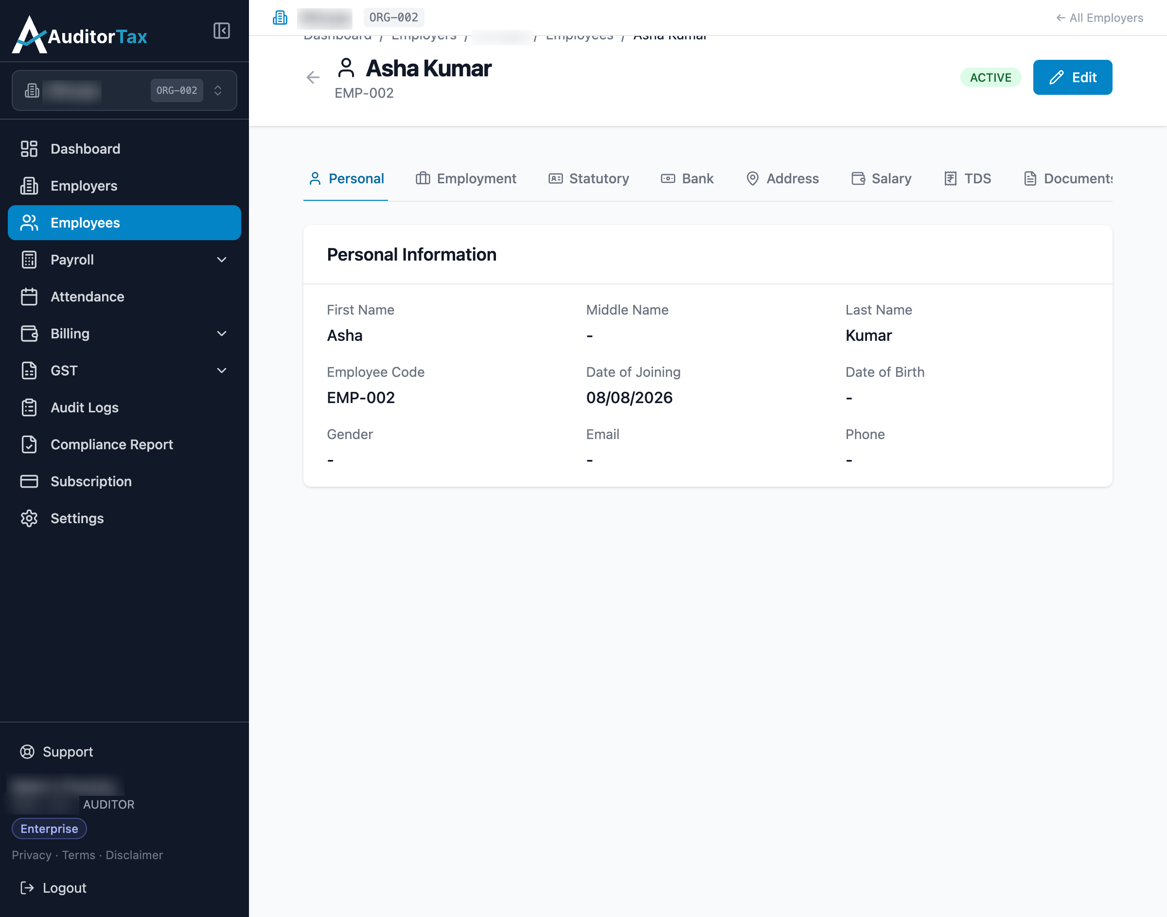 Employee detail page for the newly created employee, showing their code and Active status