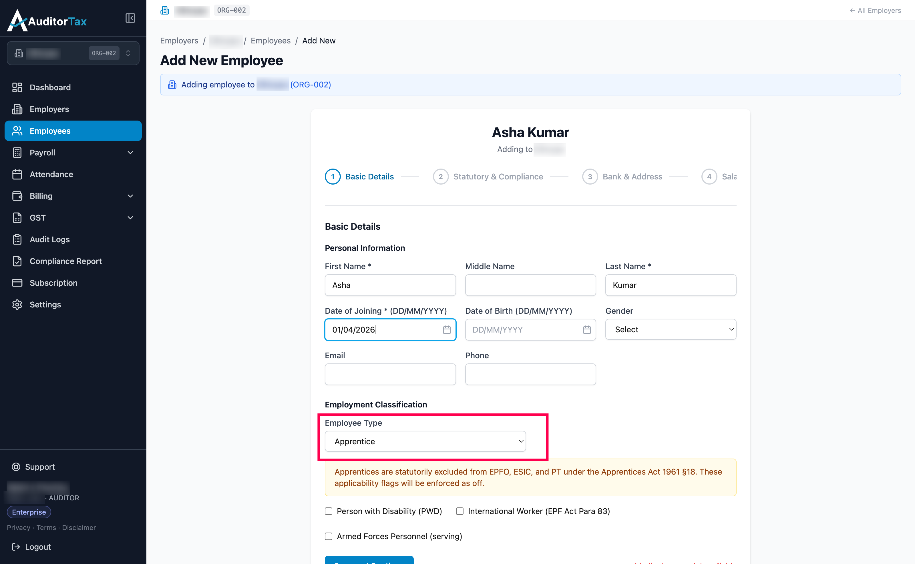 Add Employee form with Employee Type set to Apprentice, showing a banner: Apprentices are statutorily excluded from EPFO, ESIC, and PT under the Apprentices Act 1961 section 18. These applicability flags will be enforced as off