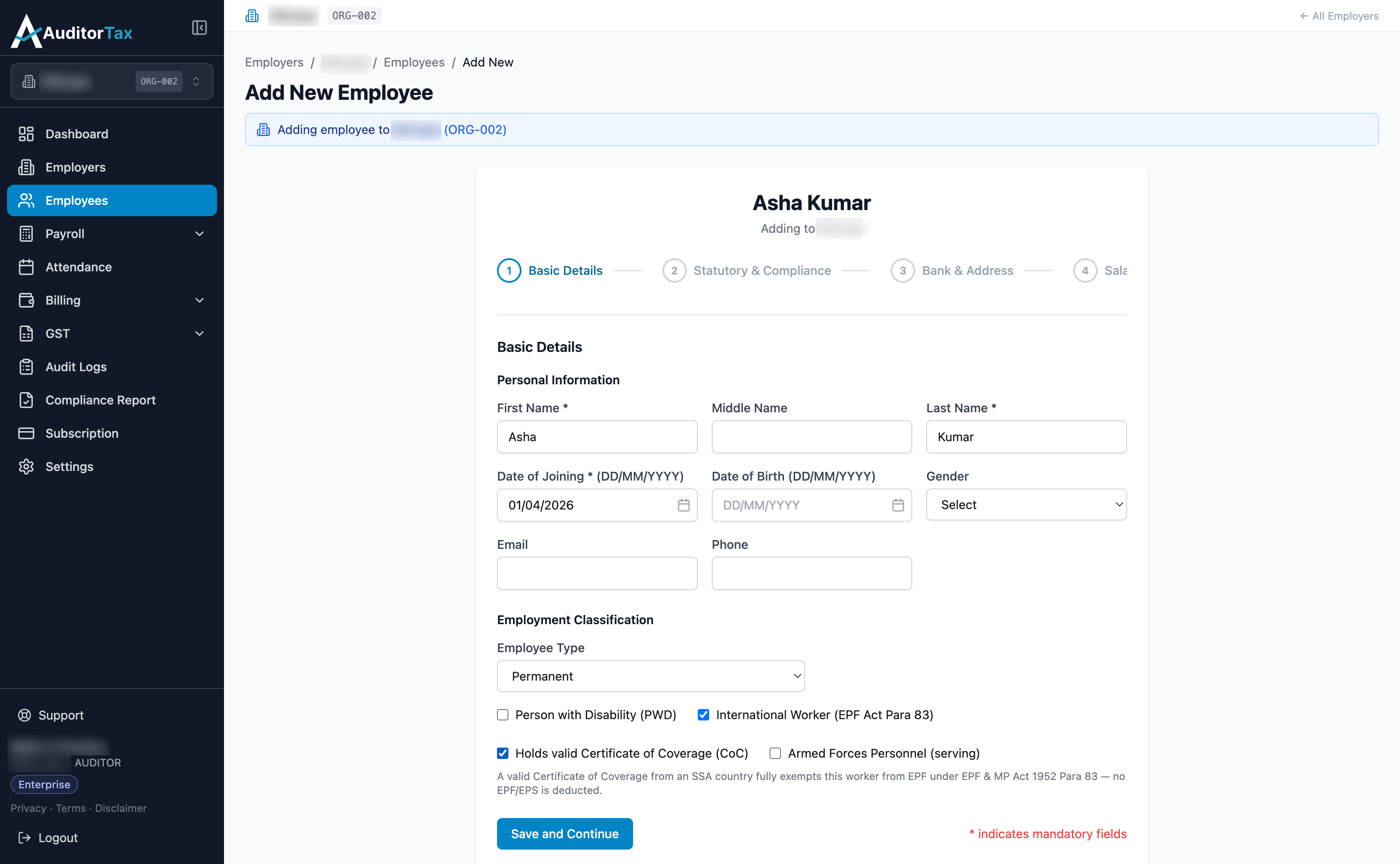 International Worker and Holds valid Certificate of Coverage (CoC) both ticked, showing the on-screen note: A valid Certificate of Coverage from an SSA country fully exempts this worker from EPF under EPF and MP Act 1952 Para 83 — no EPF/EPS is deducted