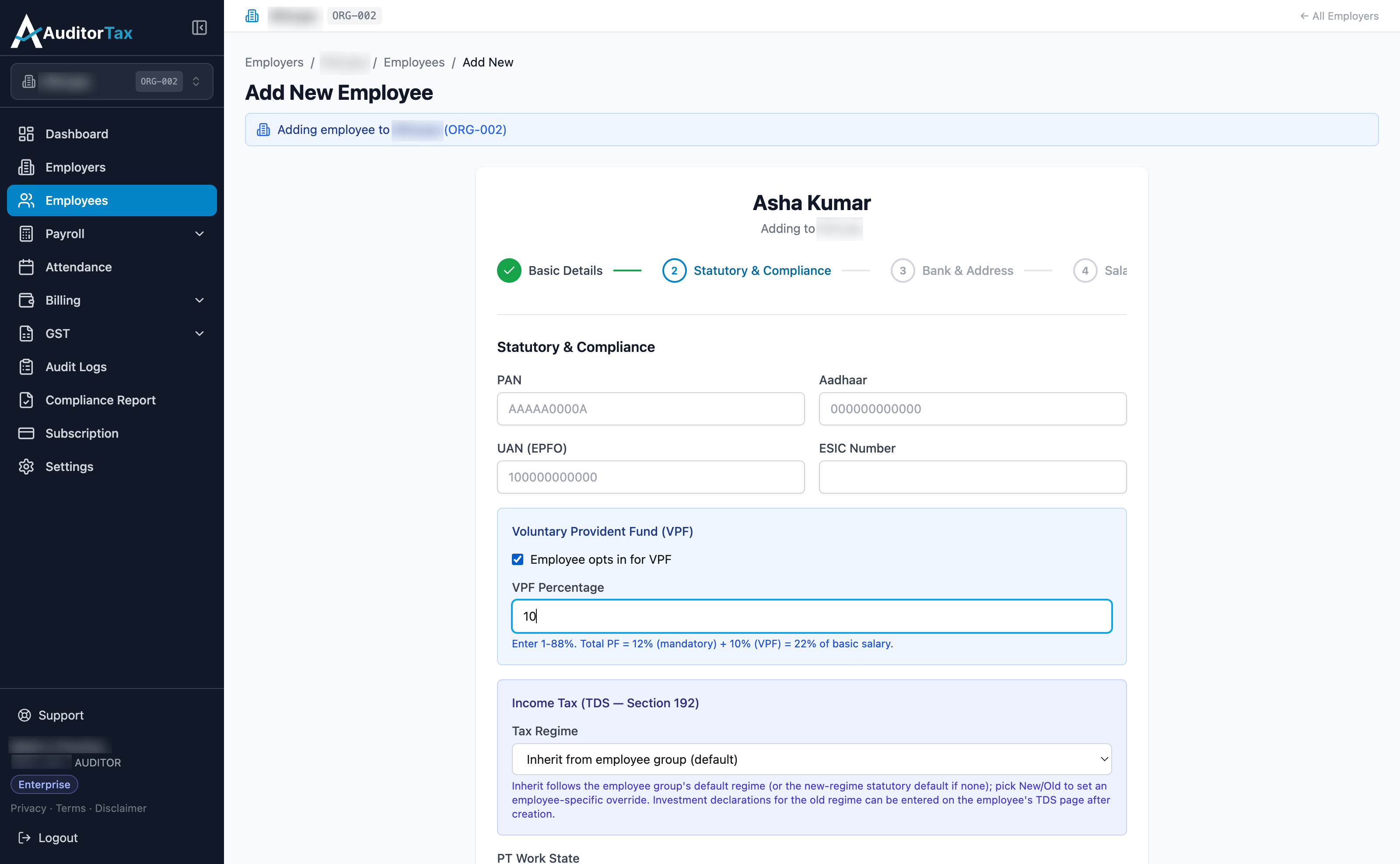 Statutory and Compliance step with Employee opts in for VPF ticked, VPF Percentage set to 10, showing the text: Enter 1-88%. Total PF = 12% (mandatory) + 10% (VPF) = 22% of basic salary