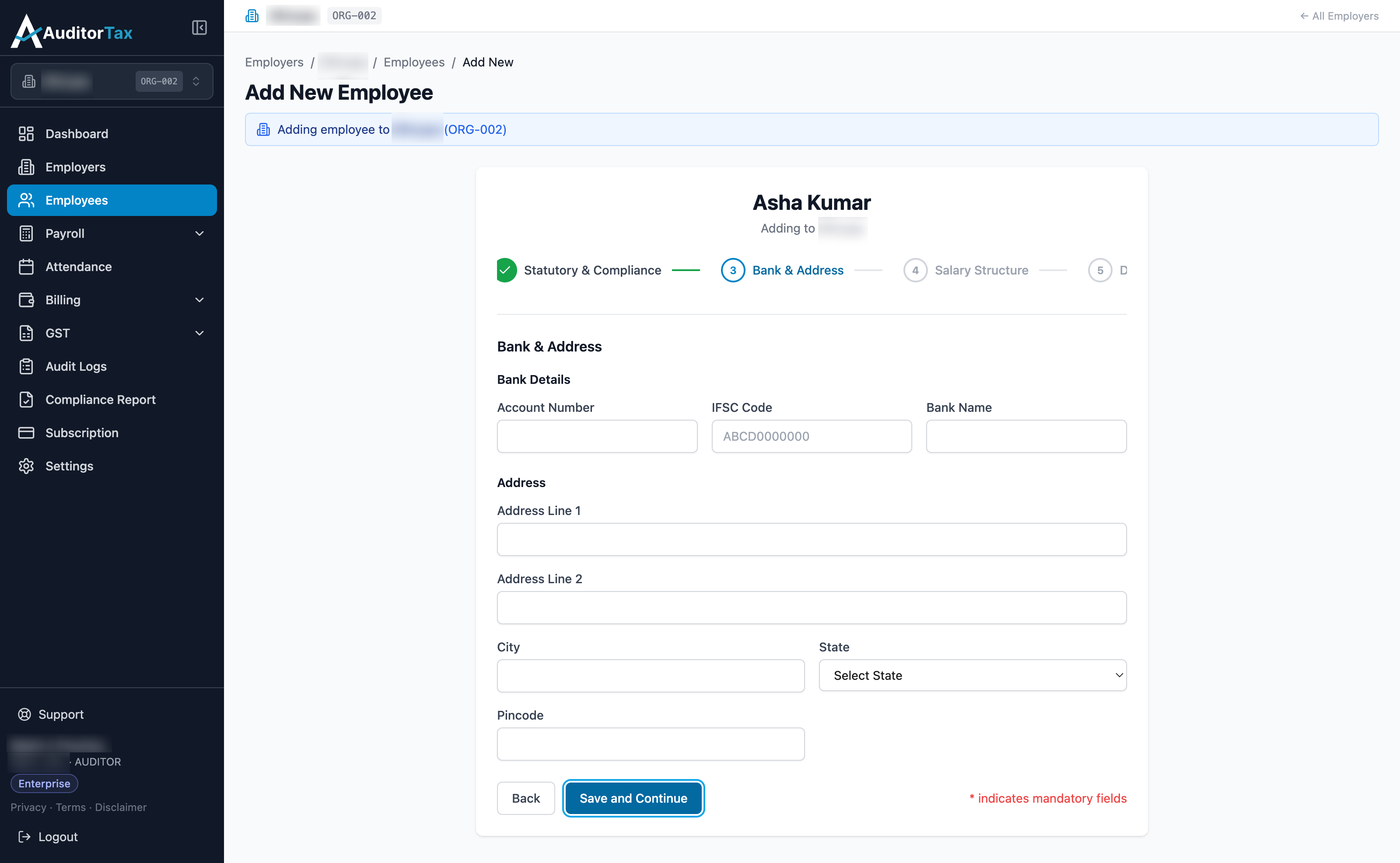 Bank and Address step with all fields blank — Account Number, IFSC Code, Bank Name, Address Line 1/2, City, State, Pincode