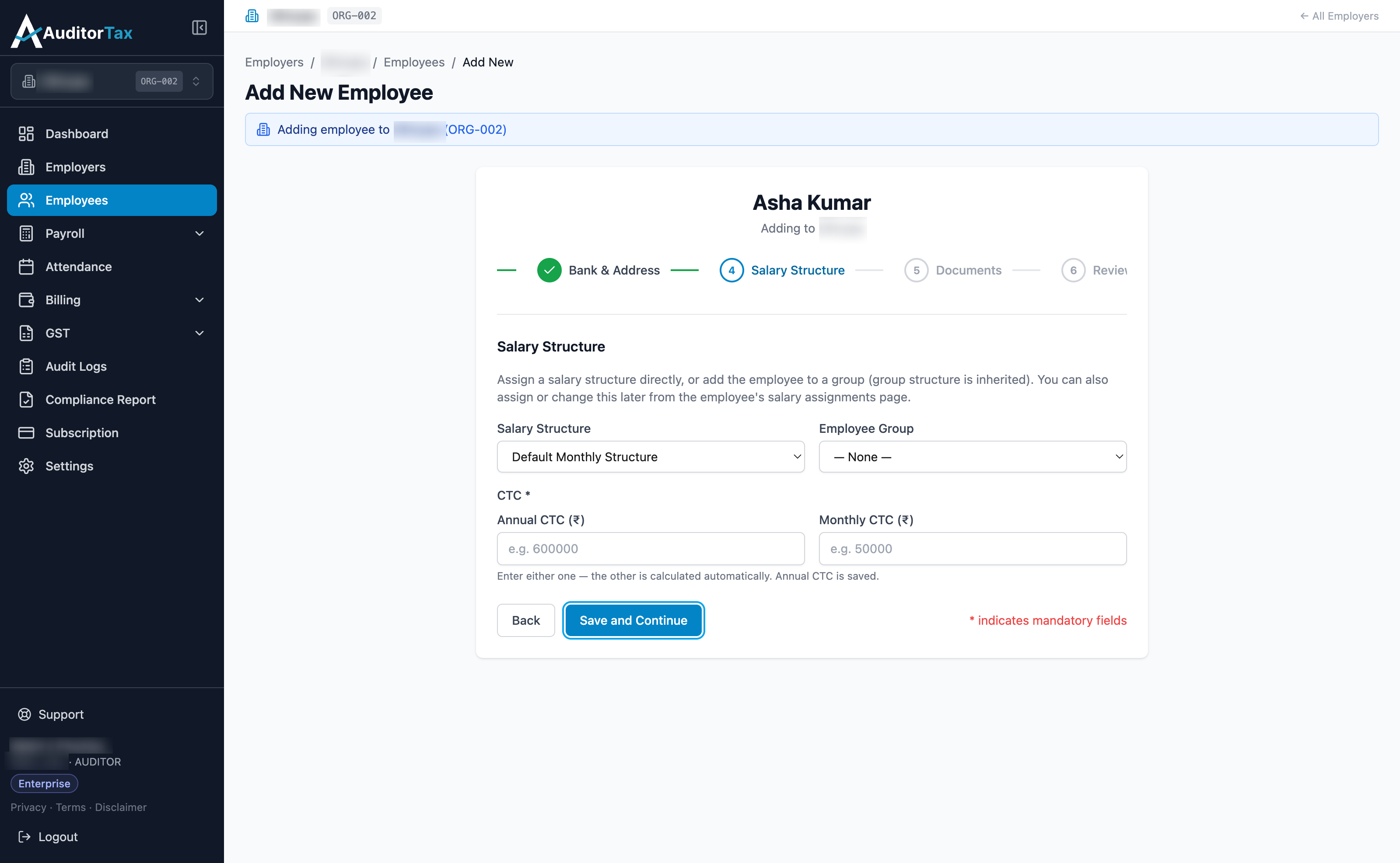 Salary Structure step with Salary Structure set to Default Monthly Structure, Employee Group set to — None —, and a required CTC field