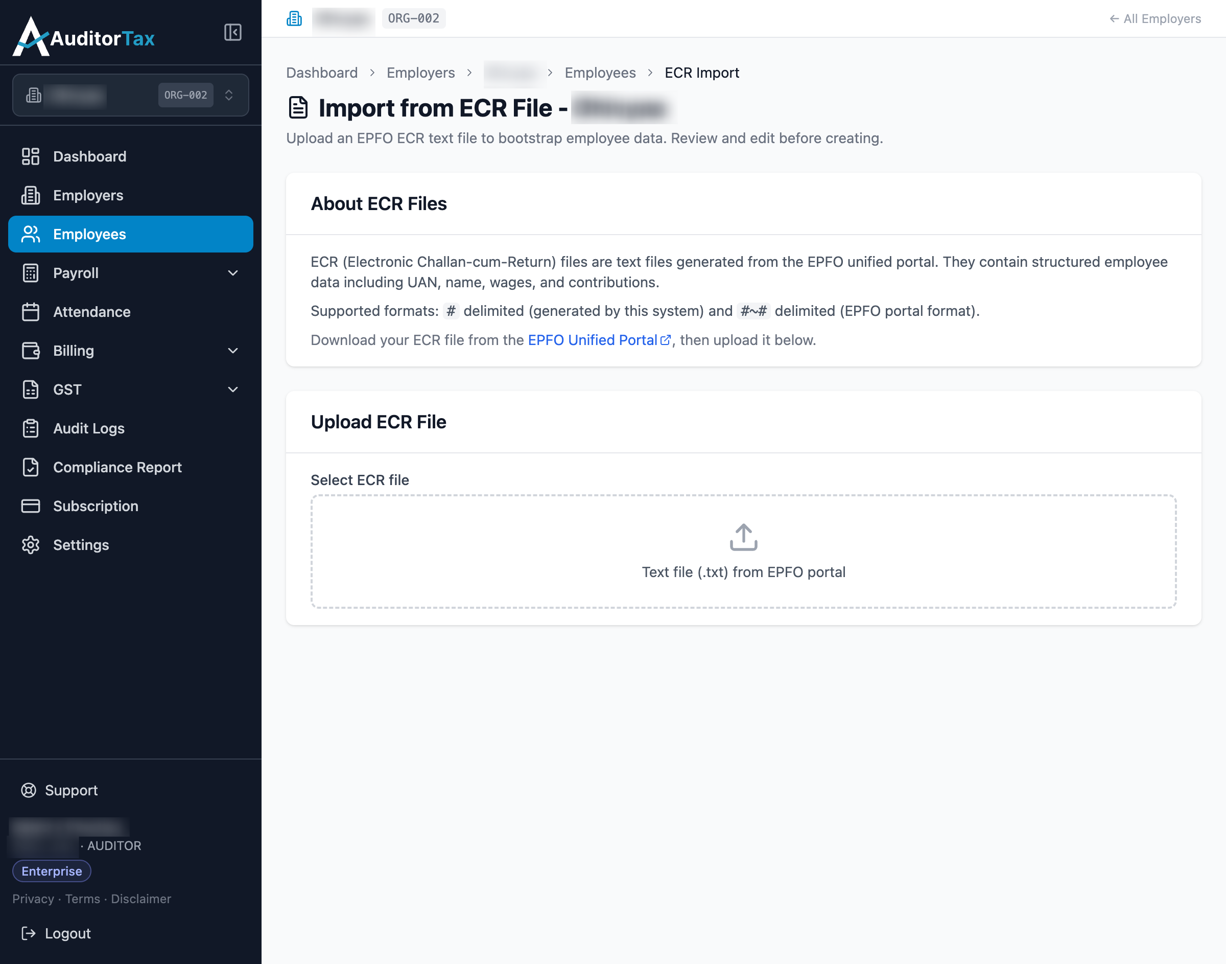 Import from ECR File page, explaining the expected file and linking to the EPFO Unified Portal