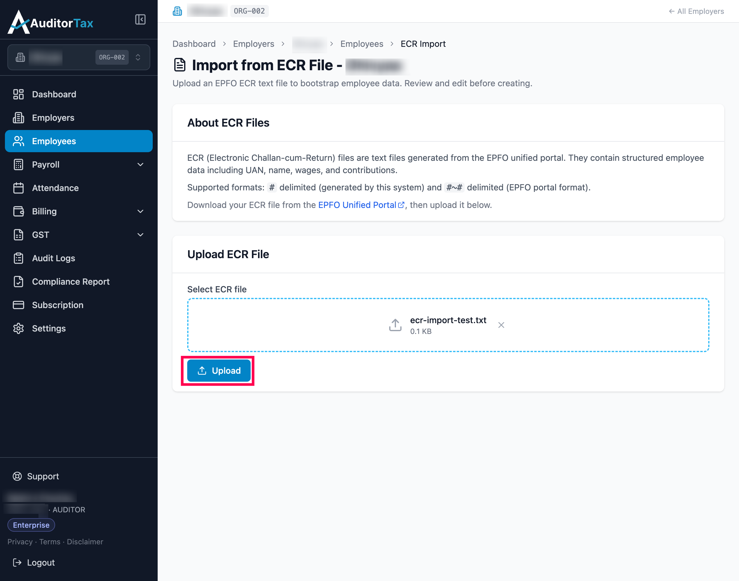 ECR Import page with a text file selected, showing an Upload button