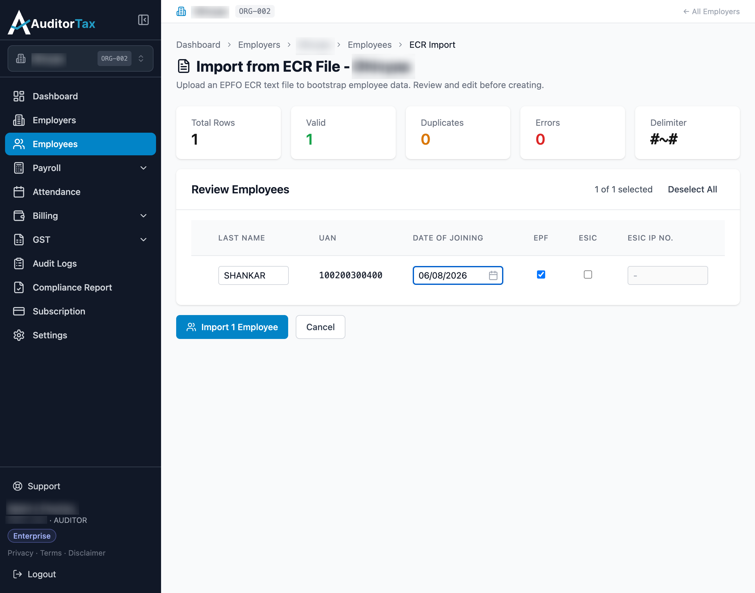 ECR Import Review screen with Date of Joining filled in and the Import button enabled