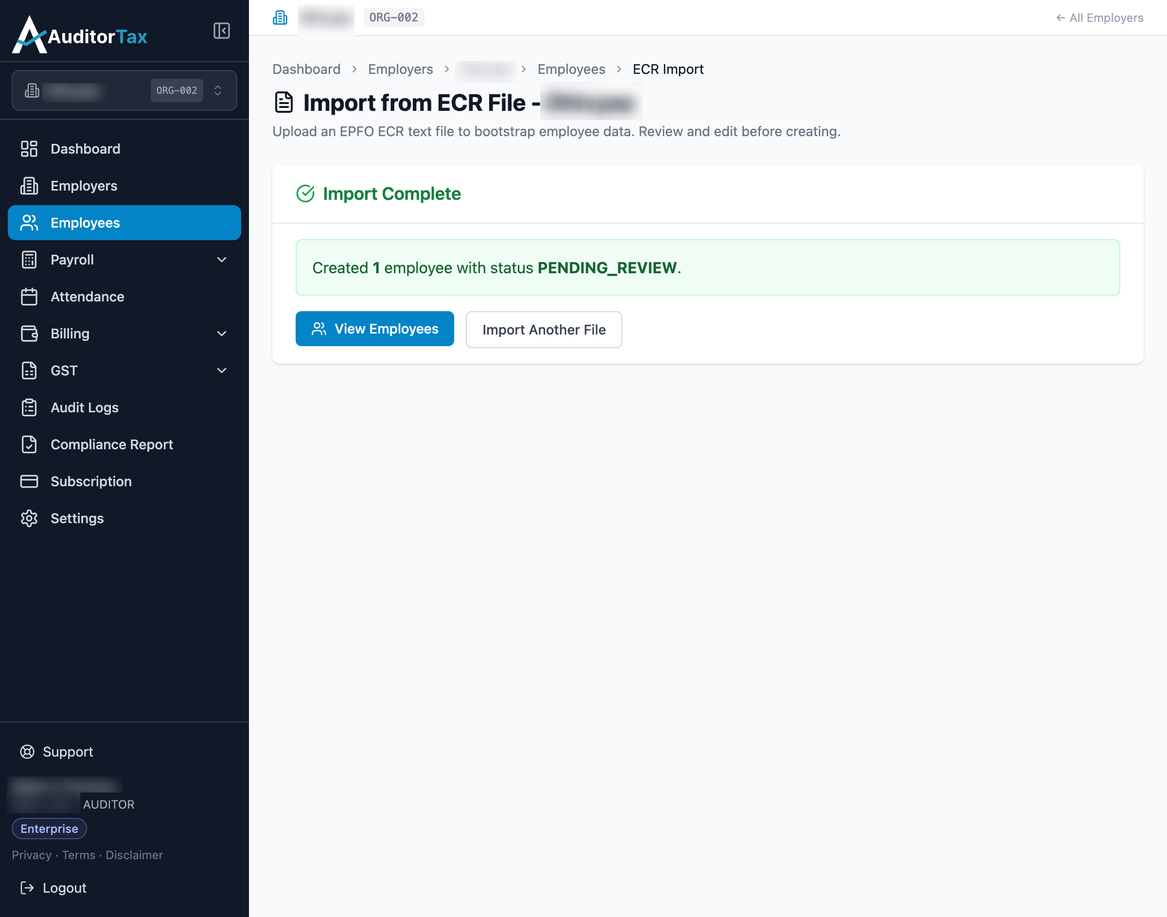 Import Complete message: Created 1 employee with status PENDING_REVIEW
