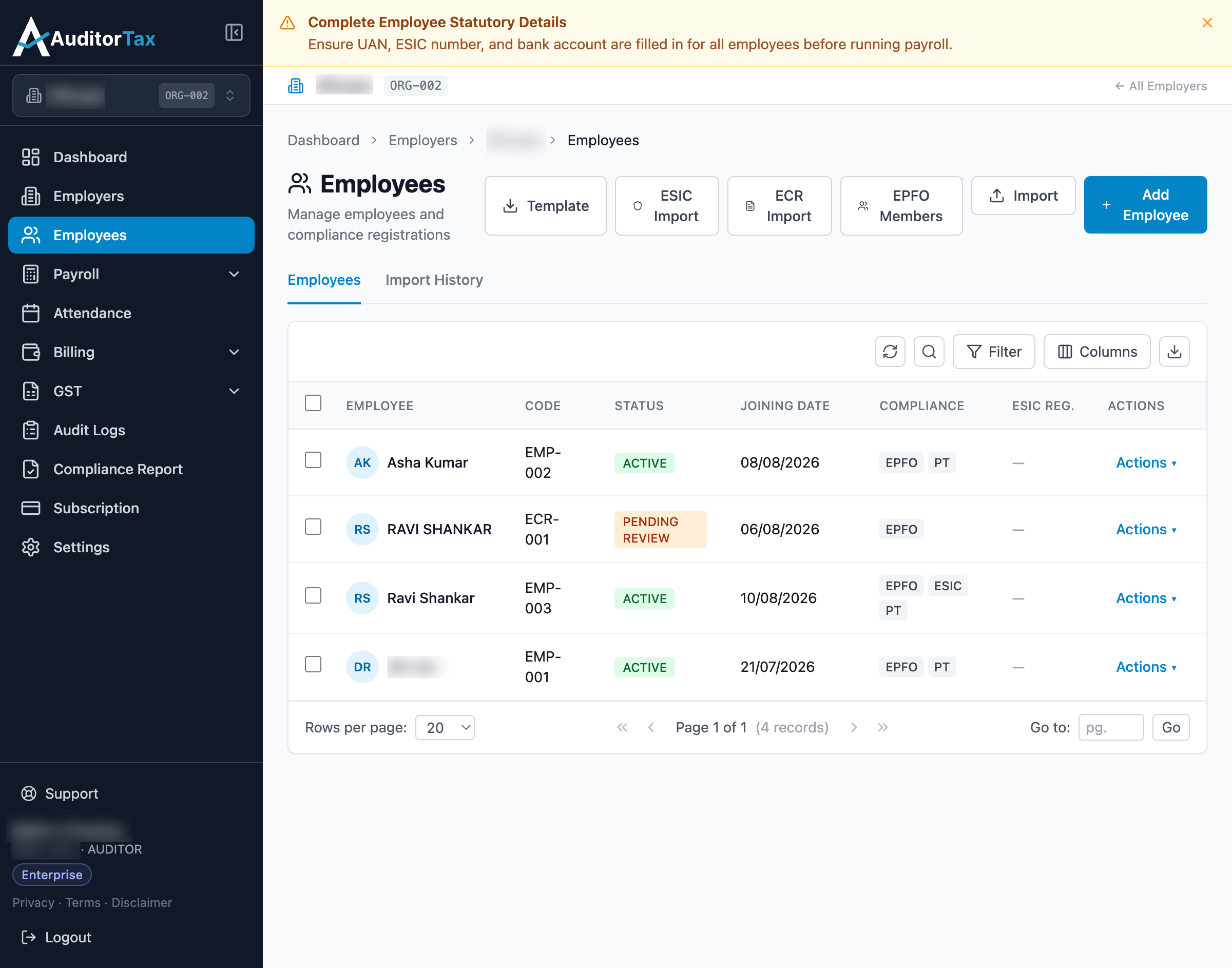 Employees list showing the newly imported employee with status PENDING REVIEW