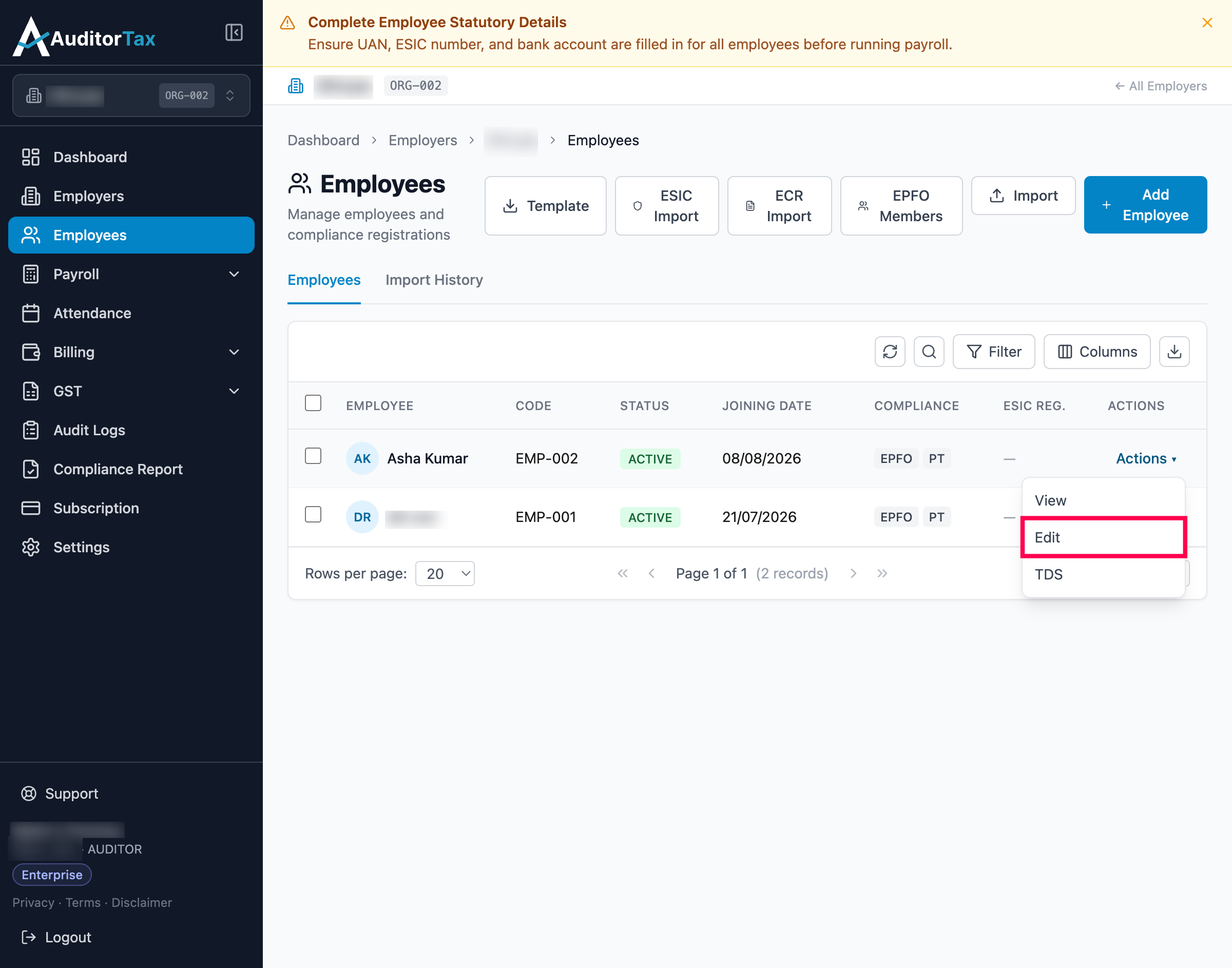 Actions dropdown for an employee row, showing View, Edit, and TDS