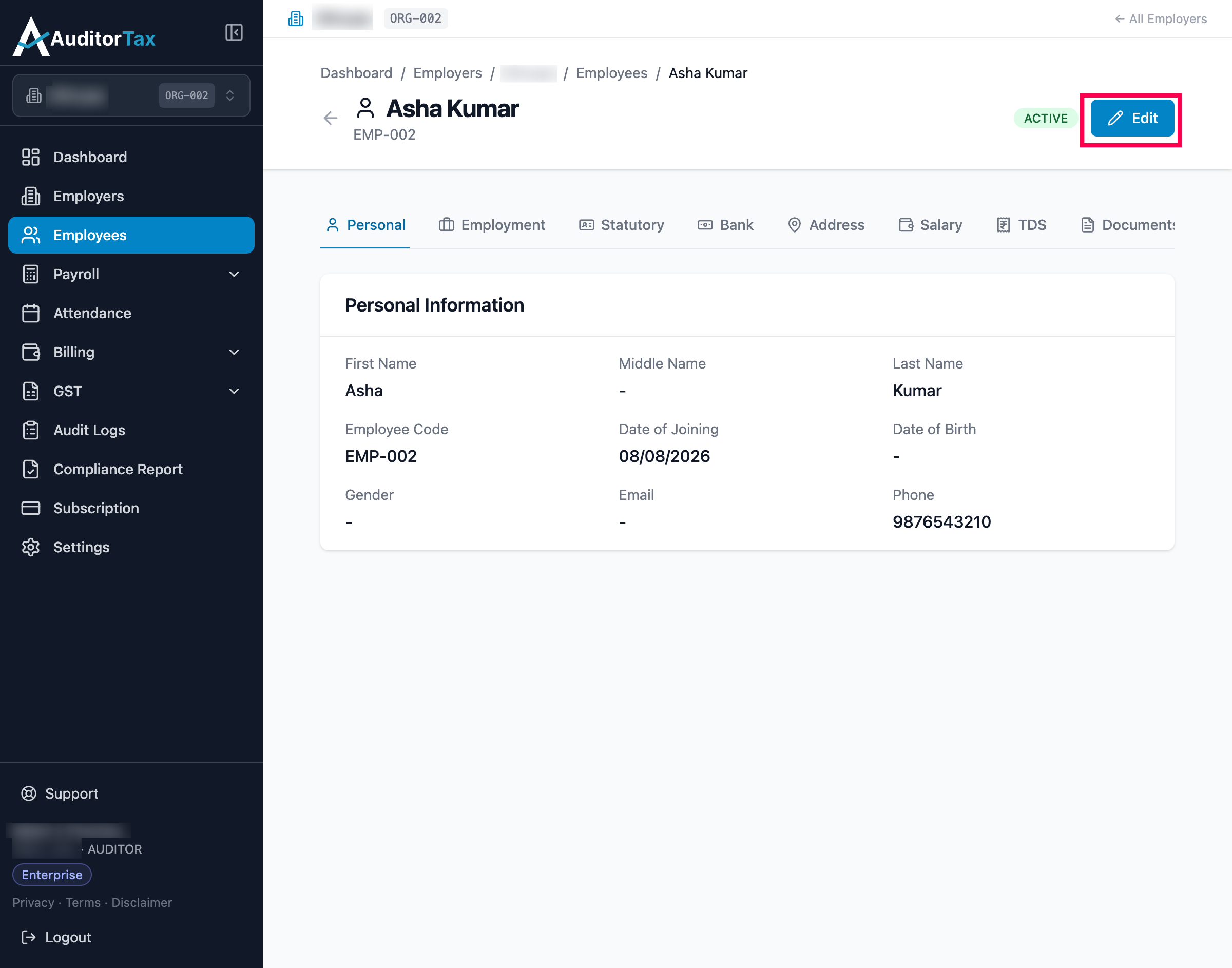 Employee detail page with an Edit button in the top right