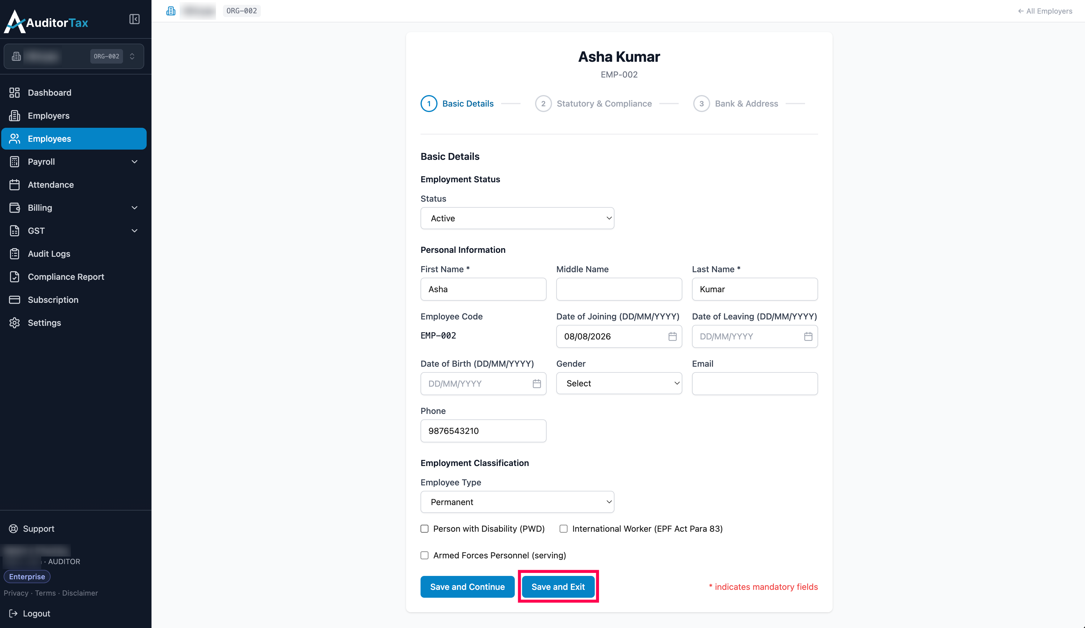 Edit Employee form with the Phone field filled in