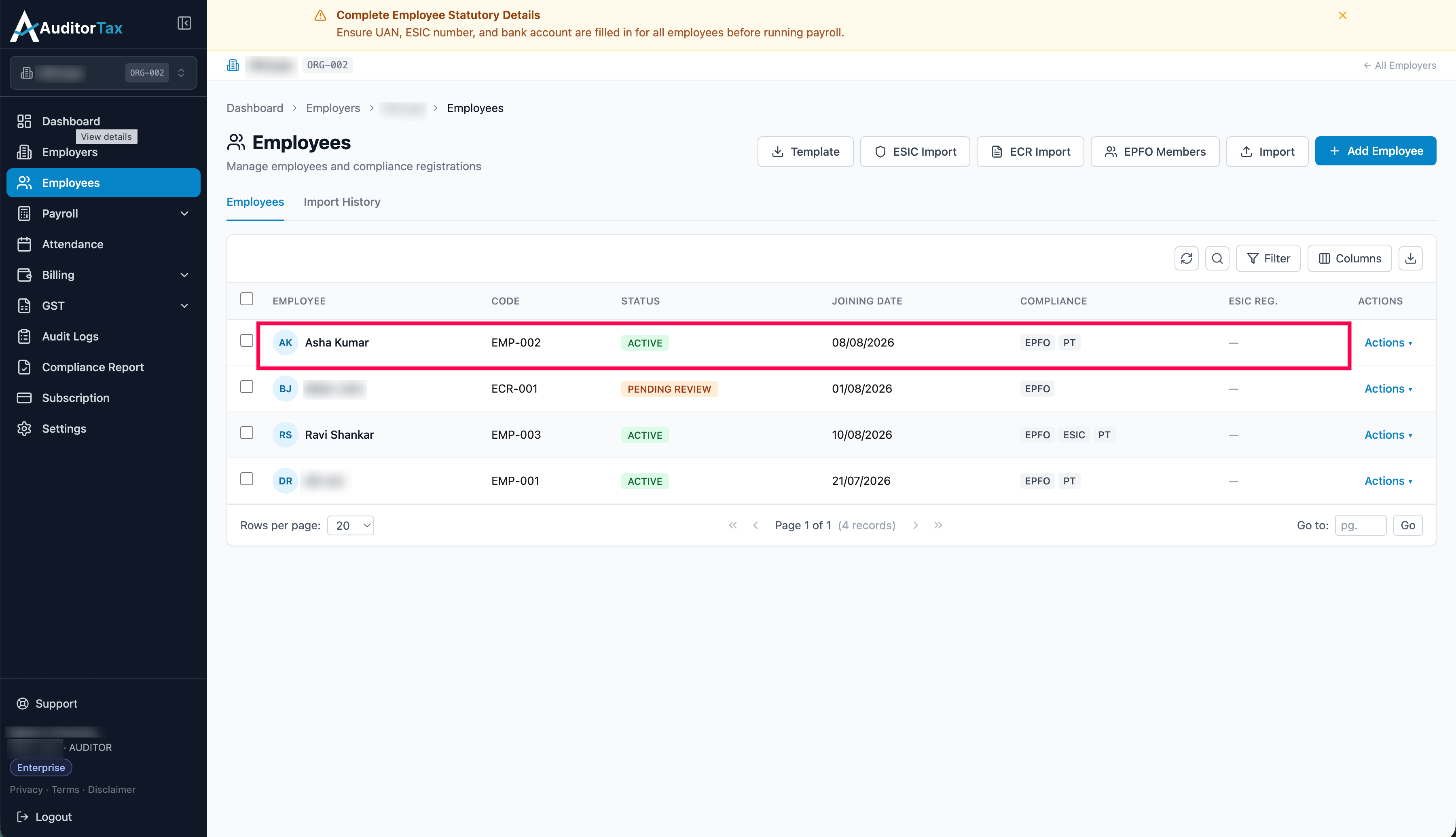 Actions dropdown for an employee row, showing View, Edit, and TDS