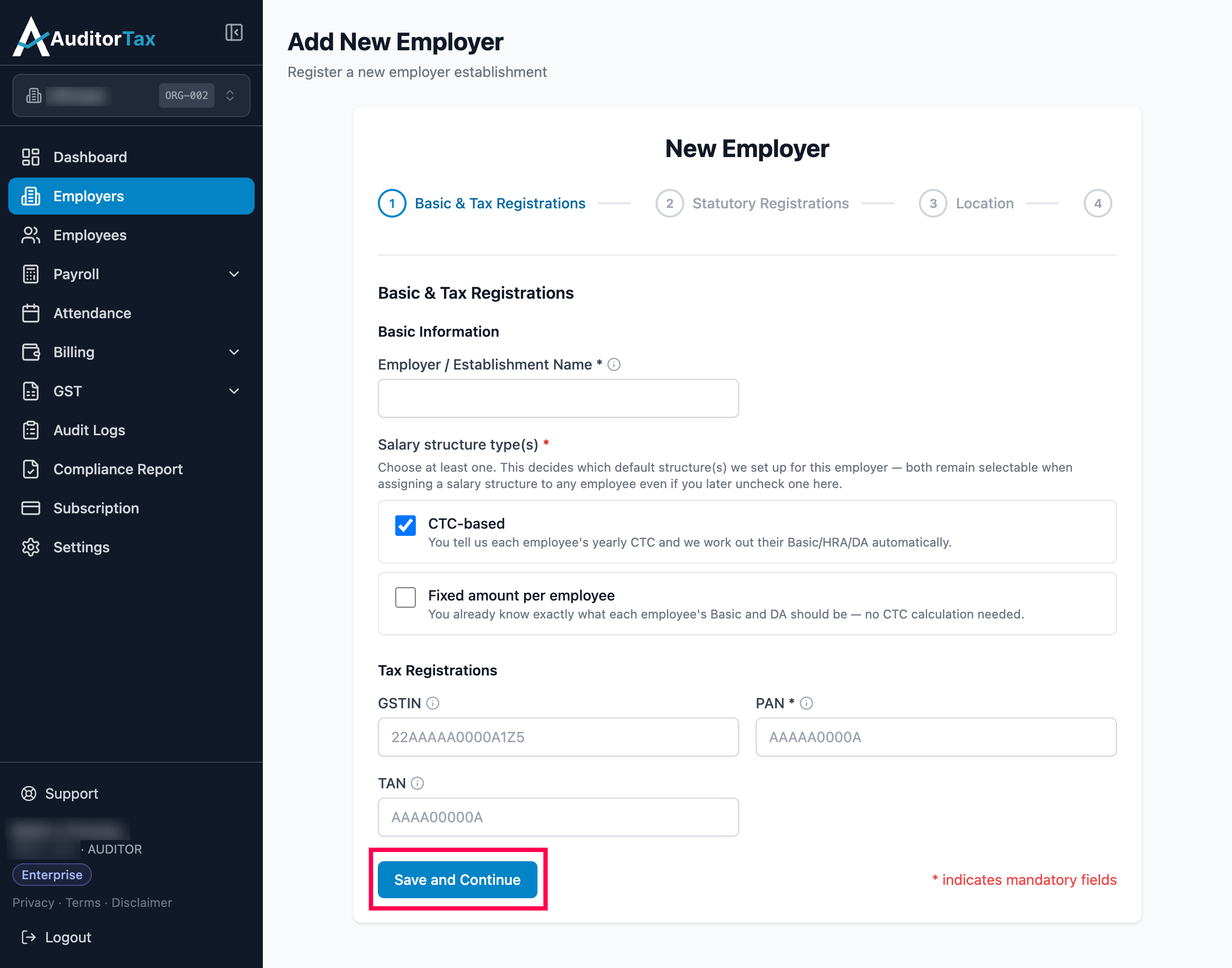 Add Employer form, step 1: Save and Continue