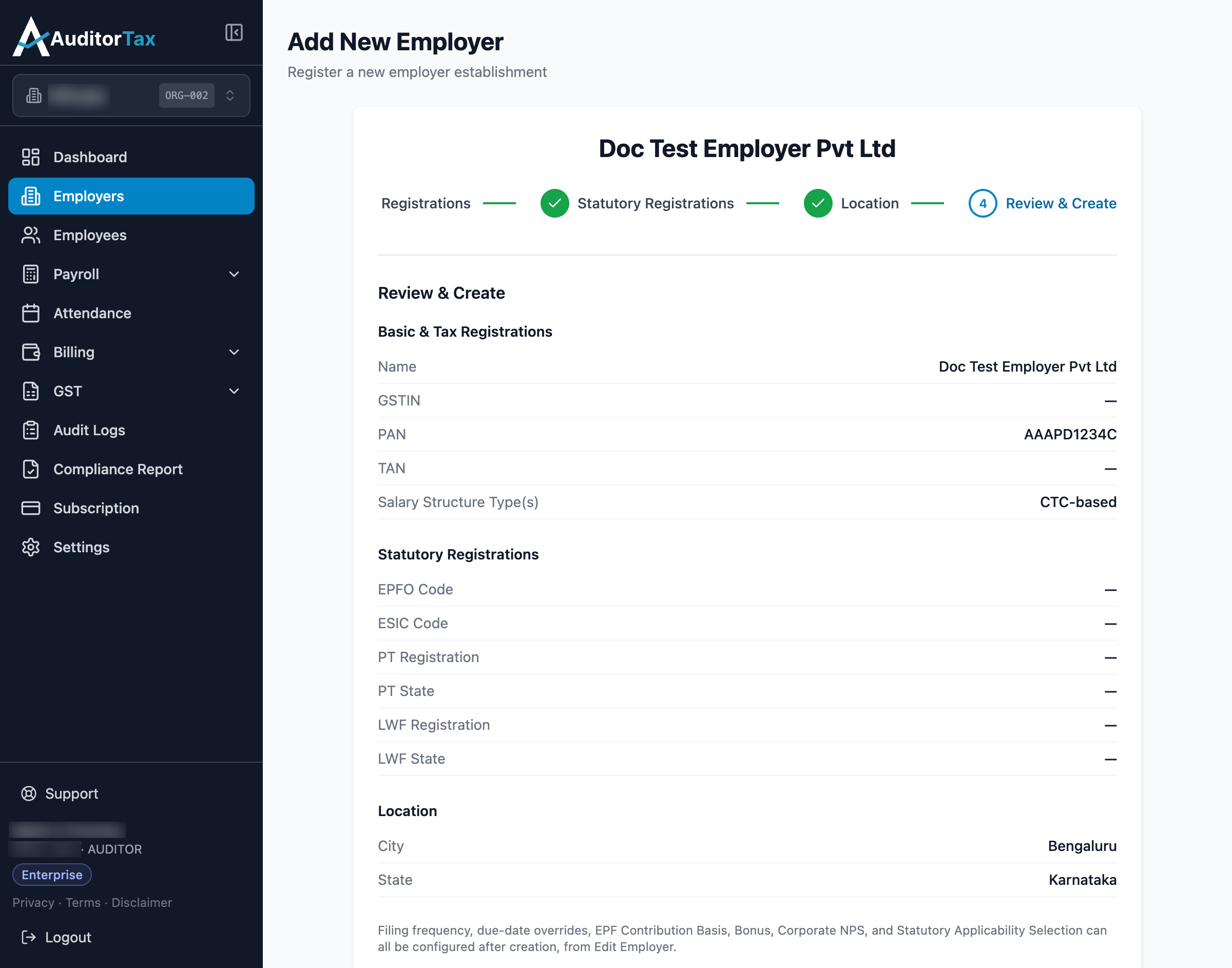 Add Employer form, step 4: Review and Create, showing a summary of entered fields