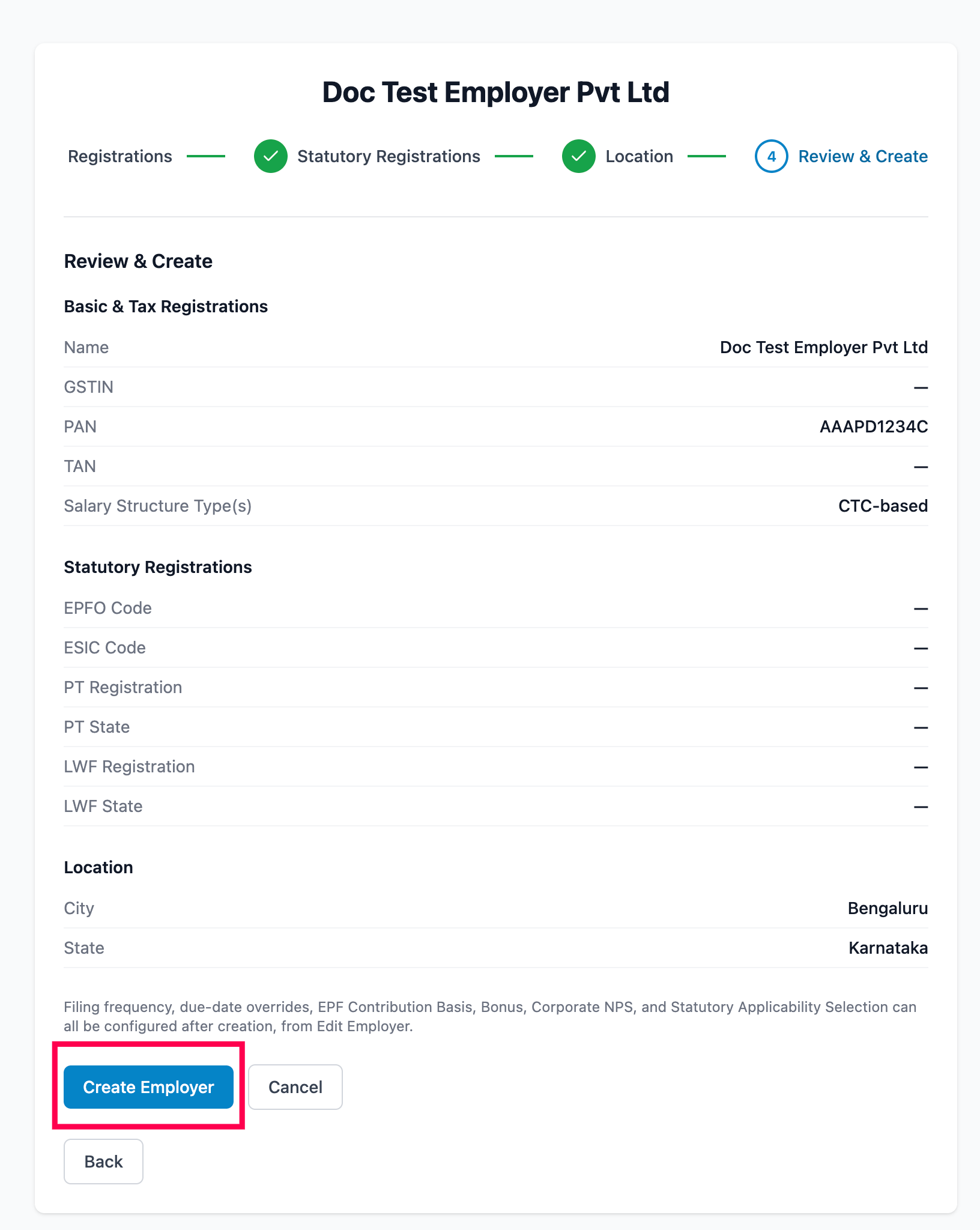 Add Employer form, Create Employer