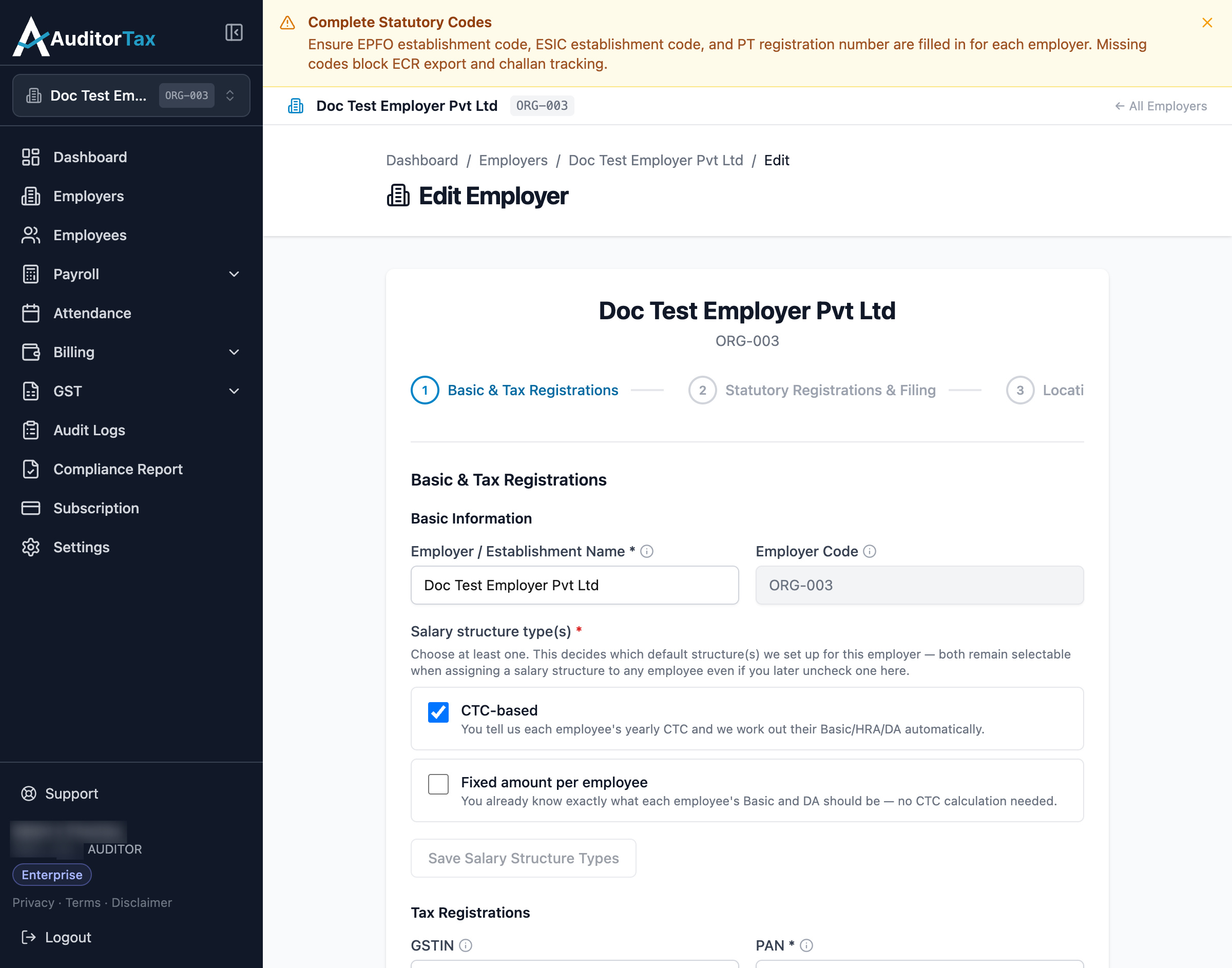 Edit Employer form, step 1, pre-filled with the employer's current details