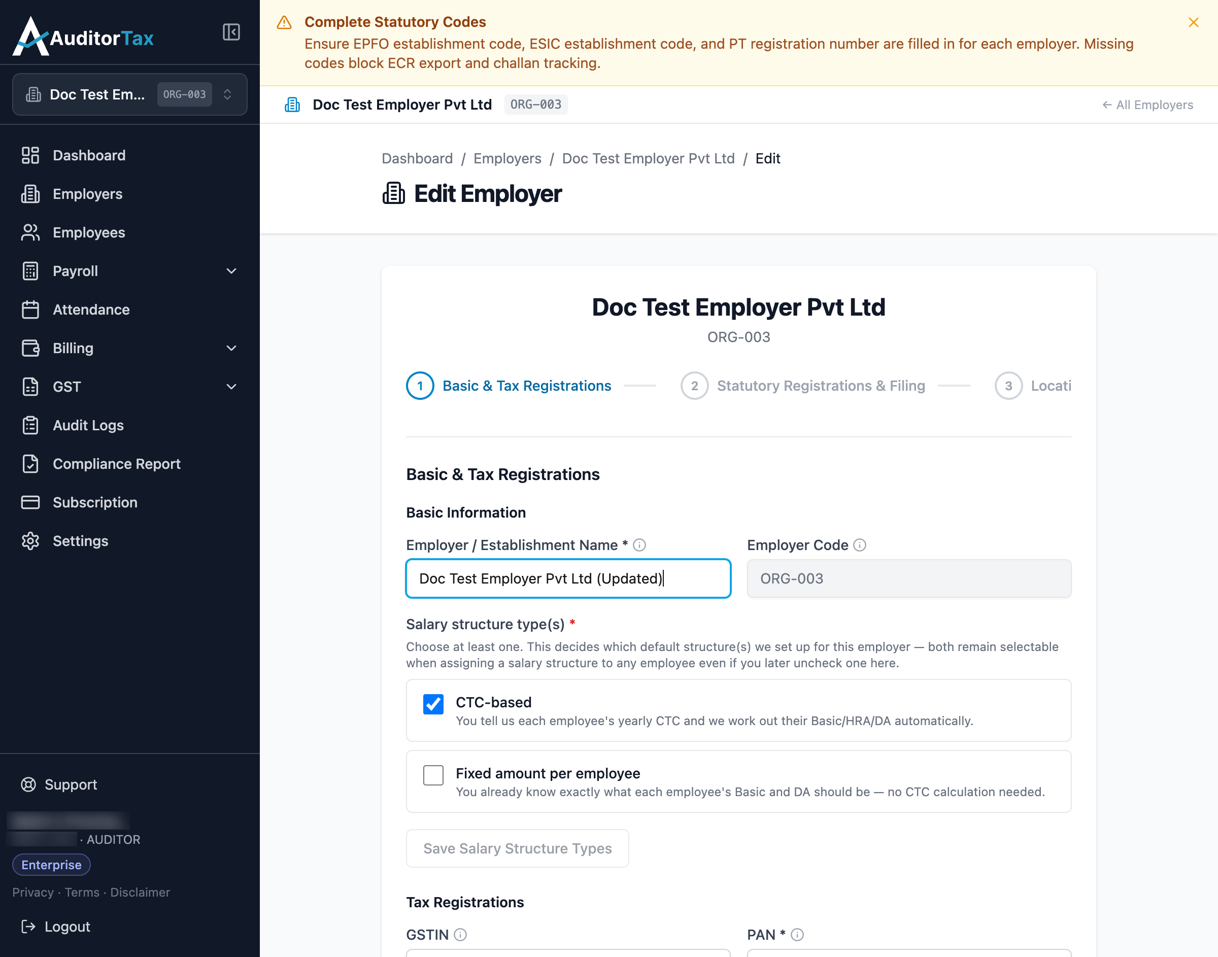 Edit Employer form with the establishment name field changed