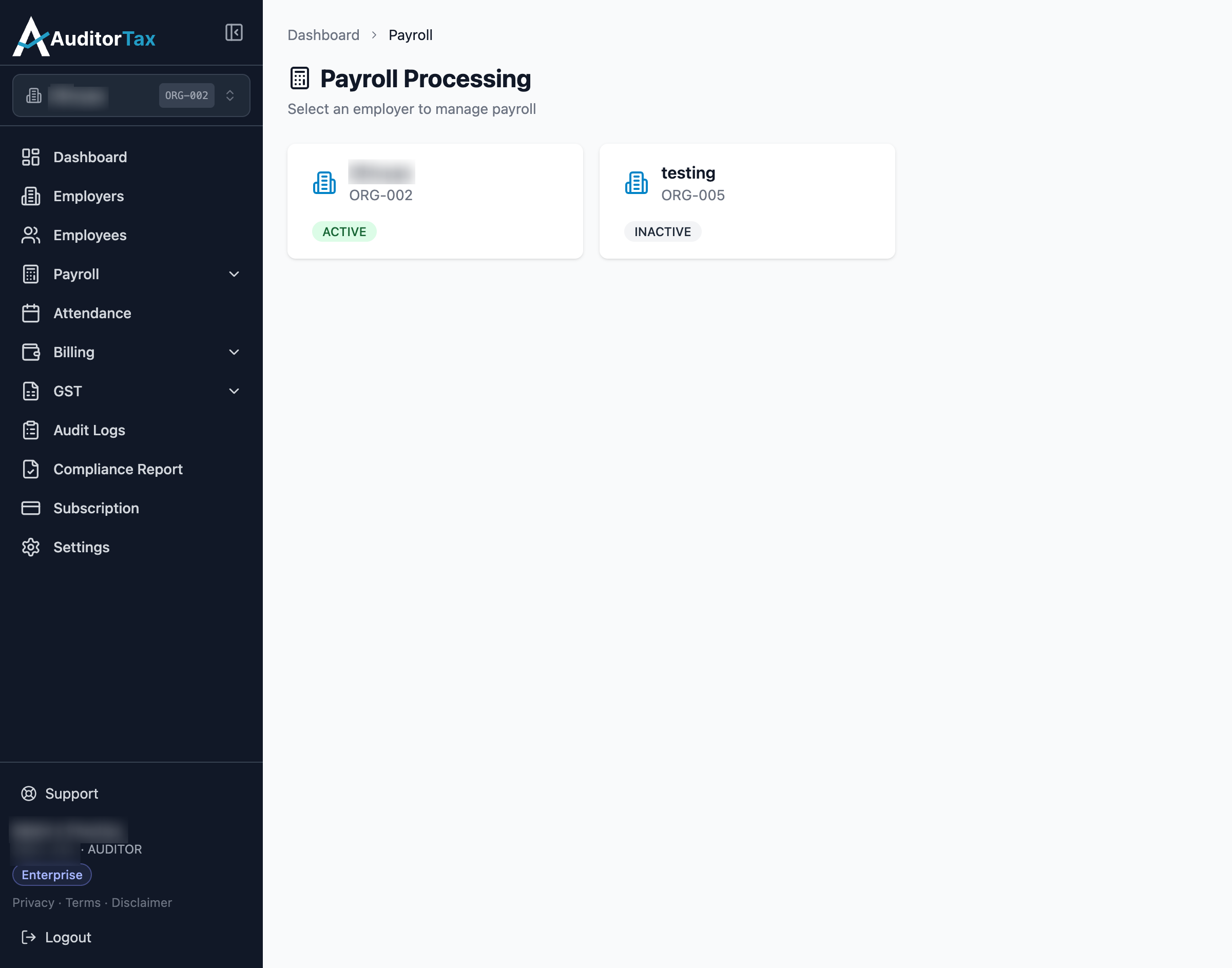 Payroll Processing page showing Select an employer to manage payroll, with employer cards