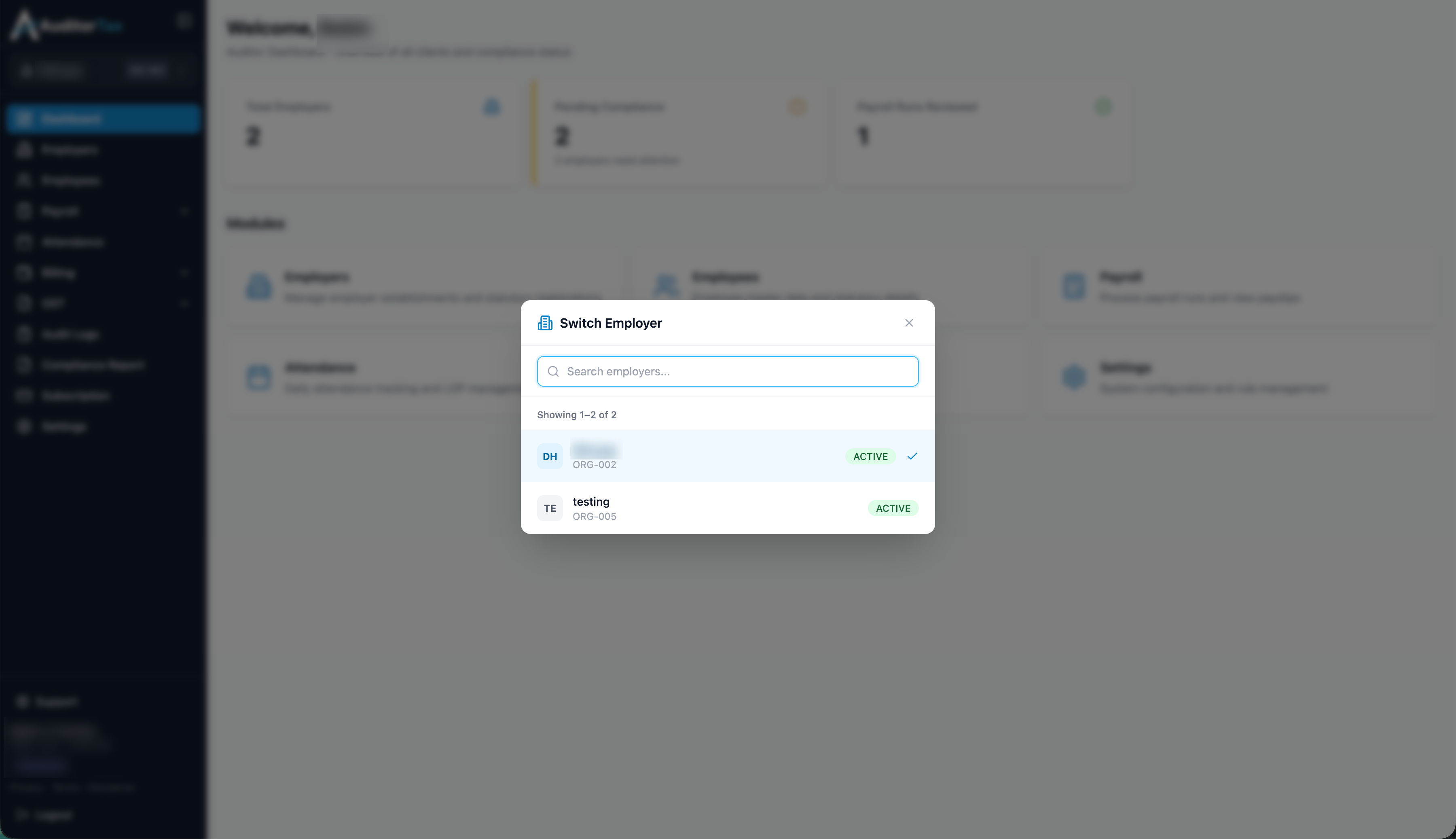 Switch Employer dialog with a search box and a list of employers showing name, code, and status