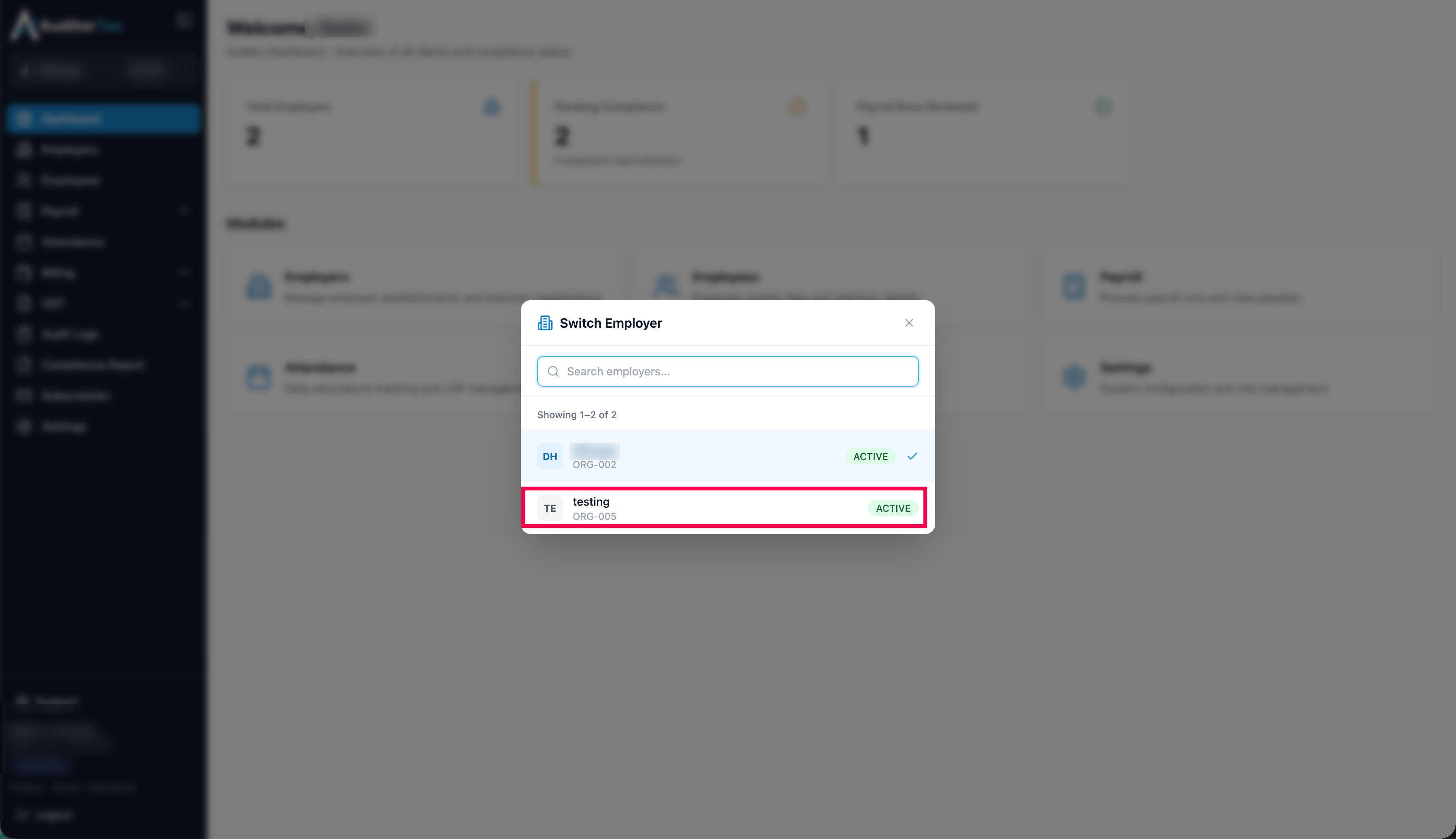 Switching Employer in the dialog